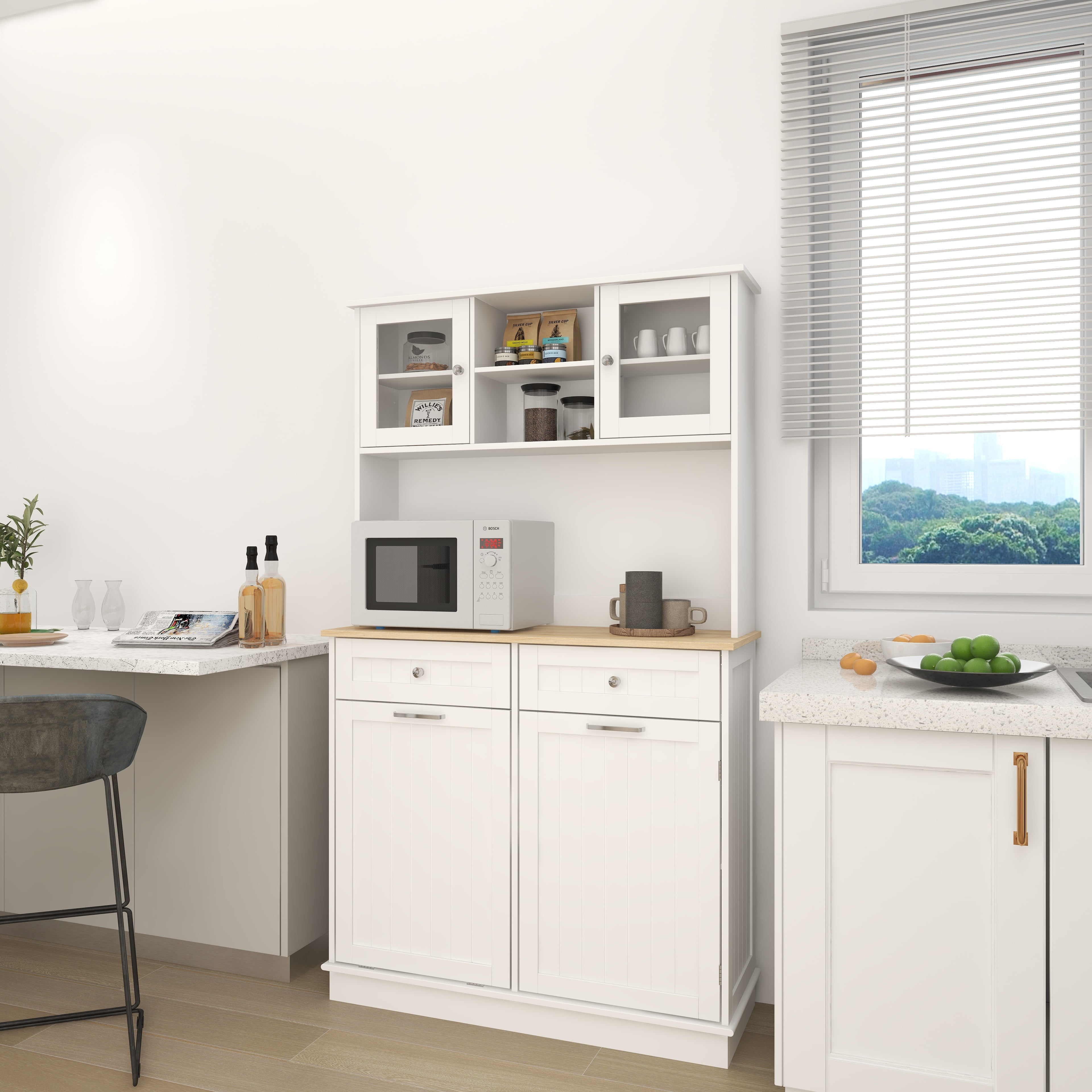 Mintazer Kitchen Pantry Cabinet with Tilt‑Out Trash Bin Compartment, Freestanding Buffet Hutch with Adjustable Shelves & 2 Drawers for Kitchen Dining Room, White