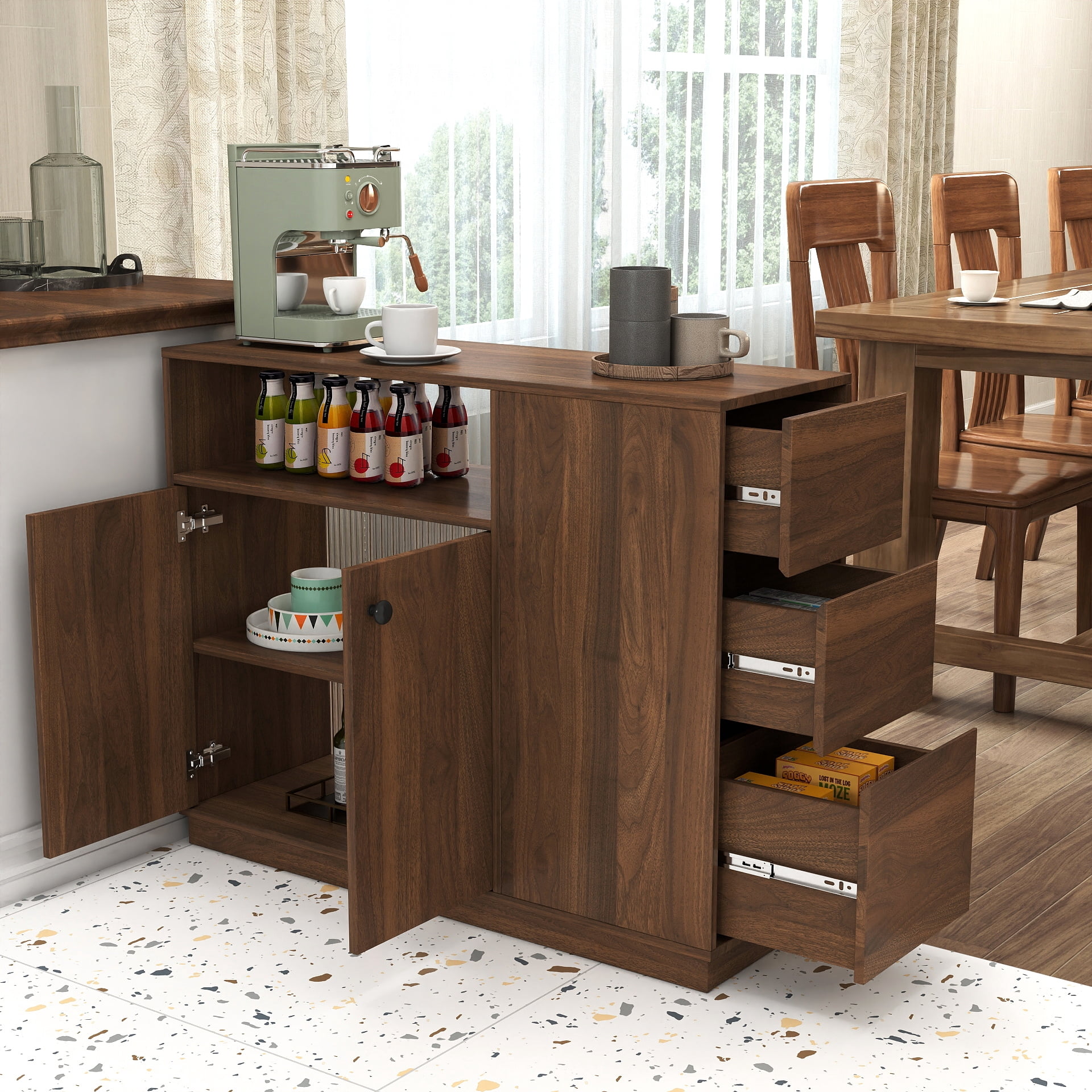 Mintazer Kitchen Sideboard Buffet Cabinet with Drawers & Fluted Glass Doors, Modern Storage Cabinet for Dining Room Kitchen, Walnut Brown