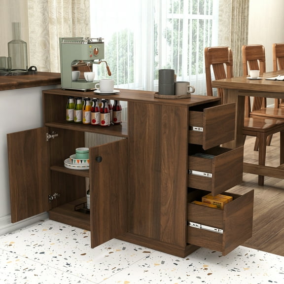 Mintazer Kitchen Sideboard Buffet Cabinet with Drawers & Fluted Glass Doors, Modern Storage Cabinet for Dining Room Kitchen, Walnut Brown