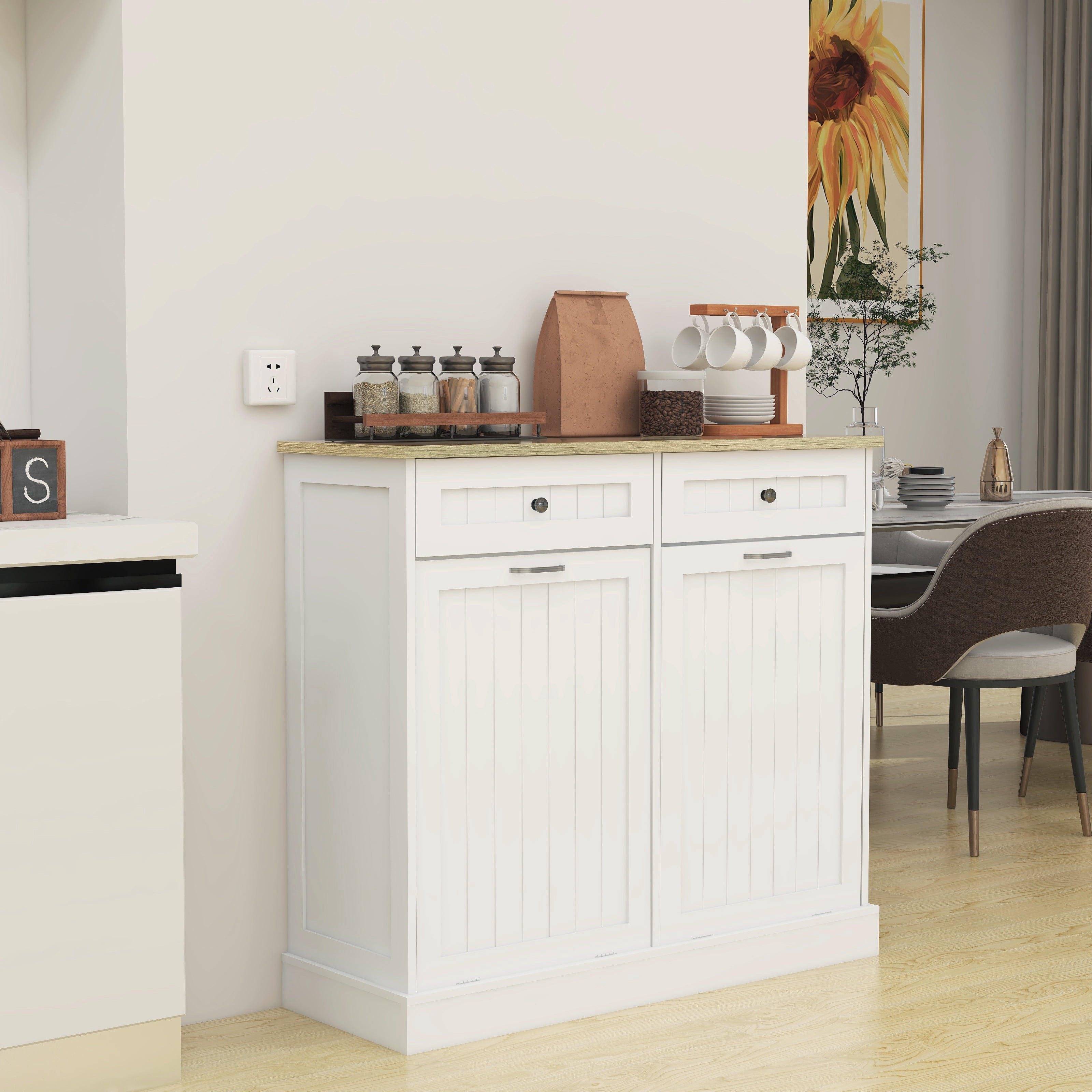 Mintazer Kitchen Trash Cabinet with 2 Tilt‑Out Compartments, Freestanding Storage Sideboard with 2 Drawers & 10‑Gallon Trash Can Holder for Kitchen Dining Room, White