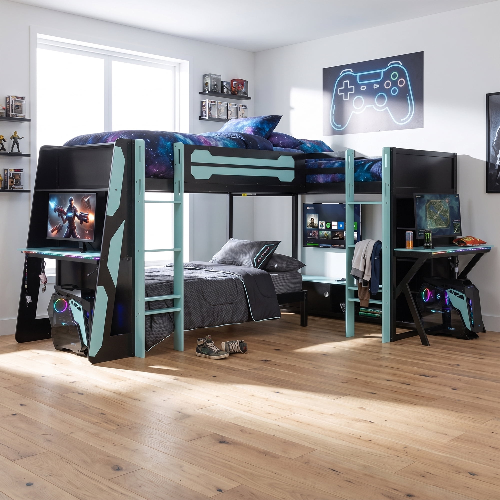 Mintazer L-Shaped Triple Twin Gaming Bunk Bed with 2 Gaming Desks & RGB LED Lights, Triple Bed Frame with USB Charging, TV Stand & Storage Shelves for Bedroom, Black & Green