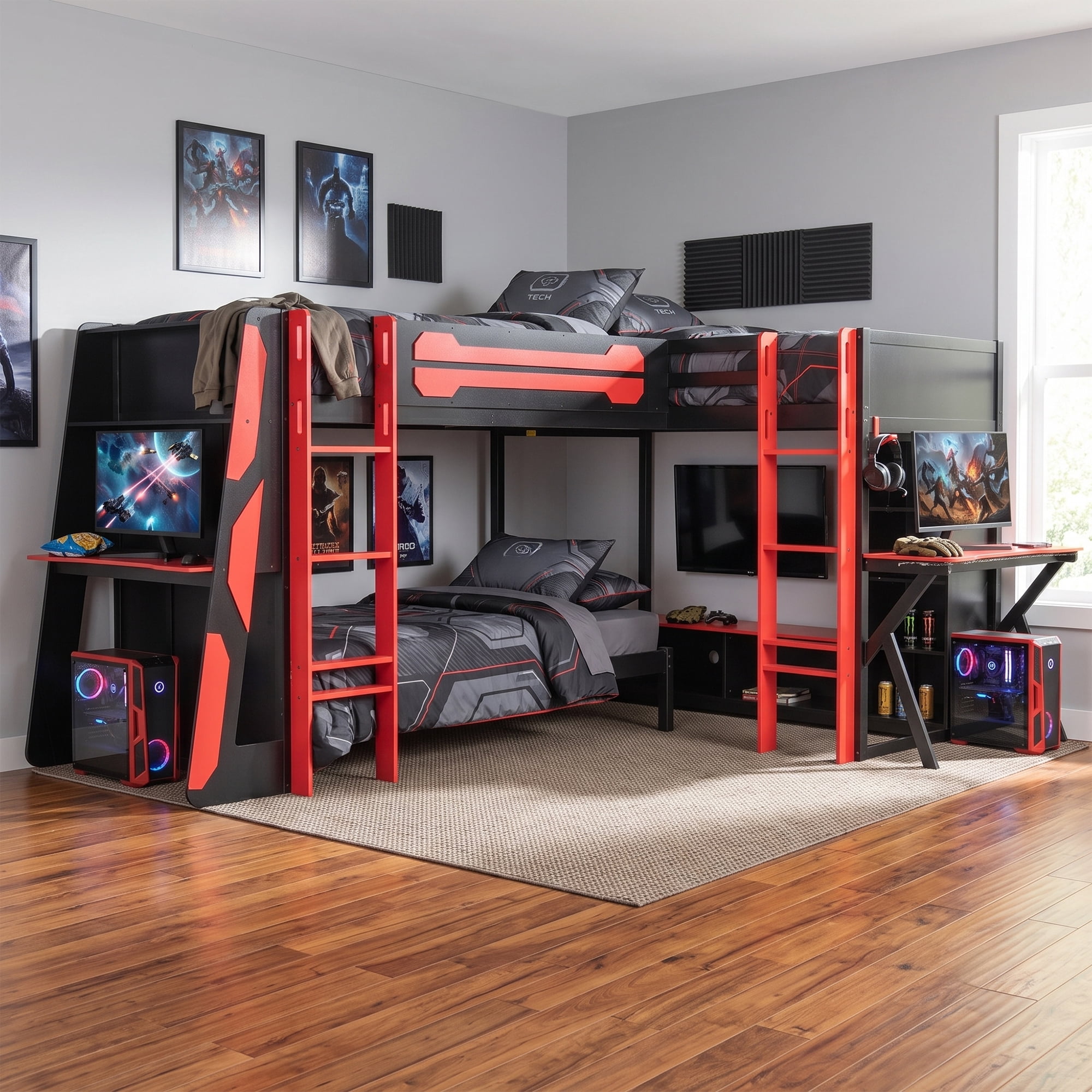 Mintazer L-Shaped Triple Twin Gaming Bunk Bed with 2 Gaming Desks & RGB LED Lights, Triple Bed Frame with USB Charging, TV Stand & Storage Shelves for Bedroom, Black & Purple