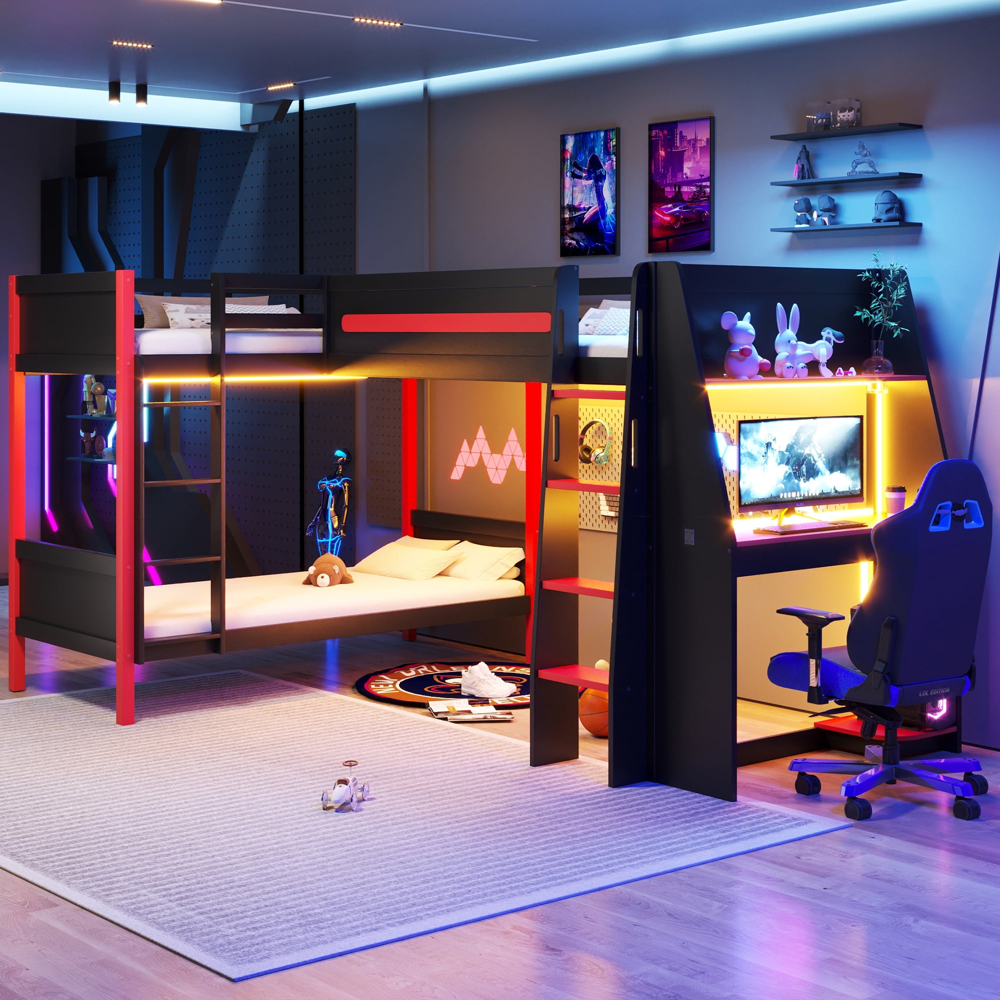 Mintazer L-Shaped Twin Gaming Bunk Bed with LED Lights & Desk and Storage Shelves, Triple Bunk Bed with Ladder & Guardrails for Dorm Bedroom, Black & Red