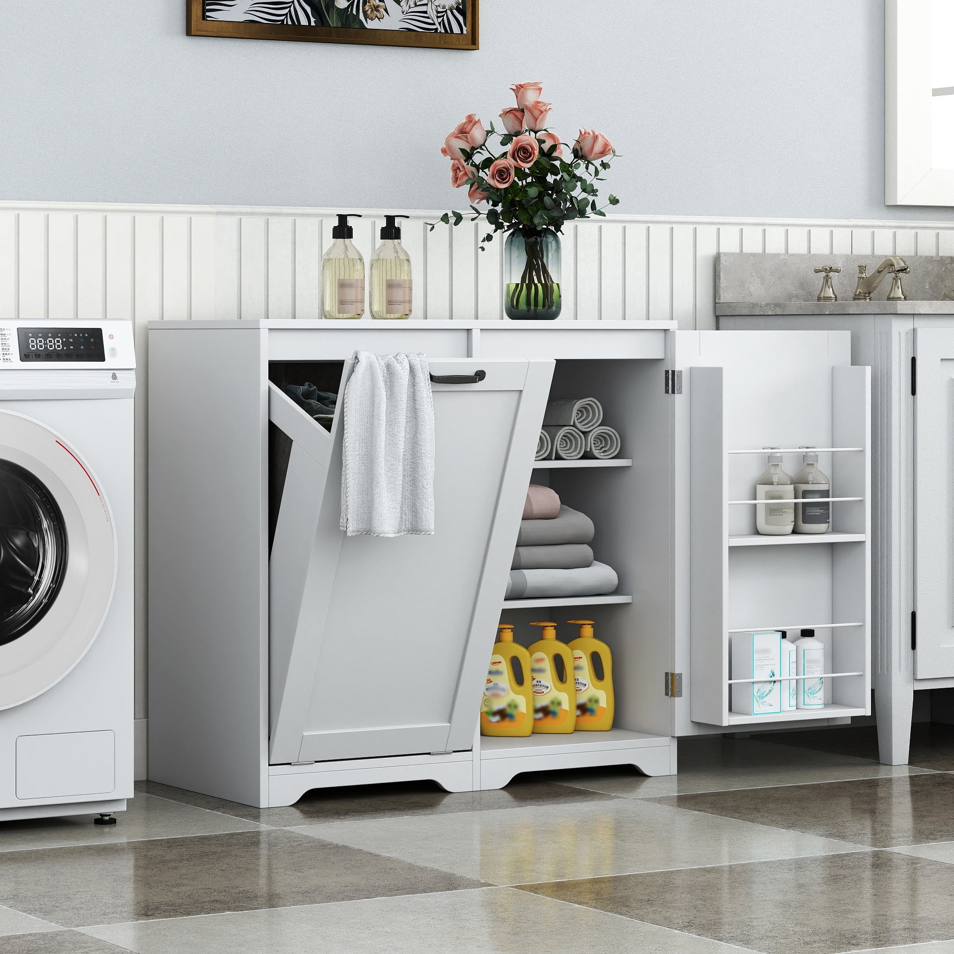 Mintazer Laundry Cabinet with Tilt Out Hamper & Doors, Bathroom Storage Cabinet with Adjustable Shelves, White