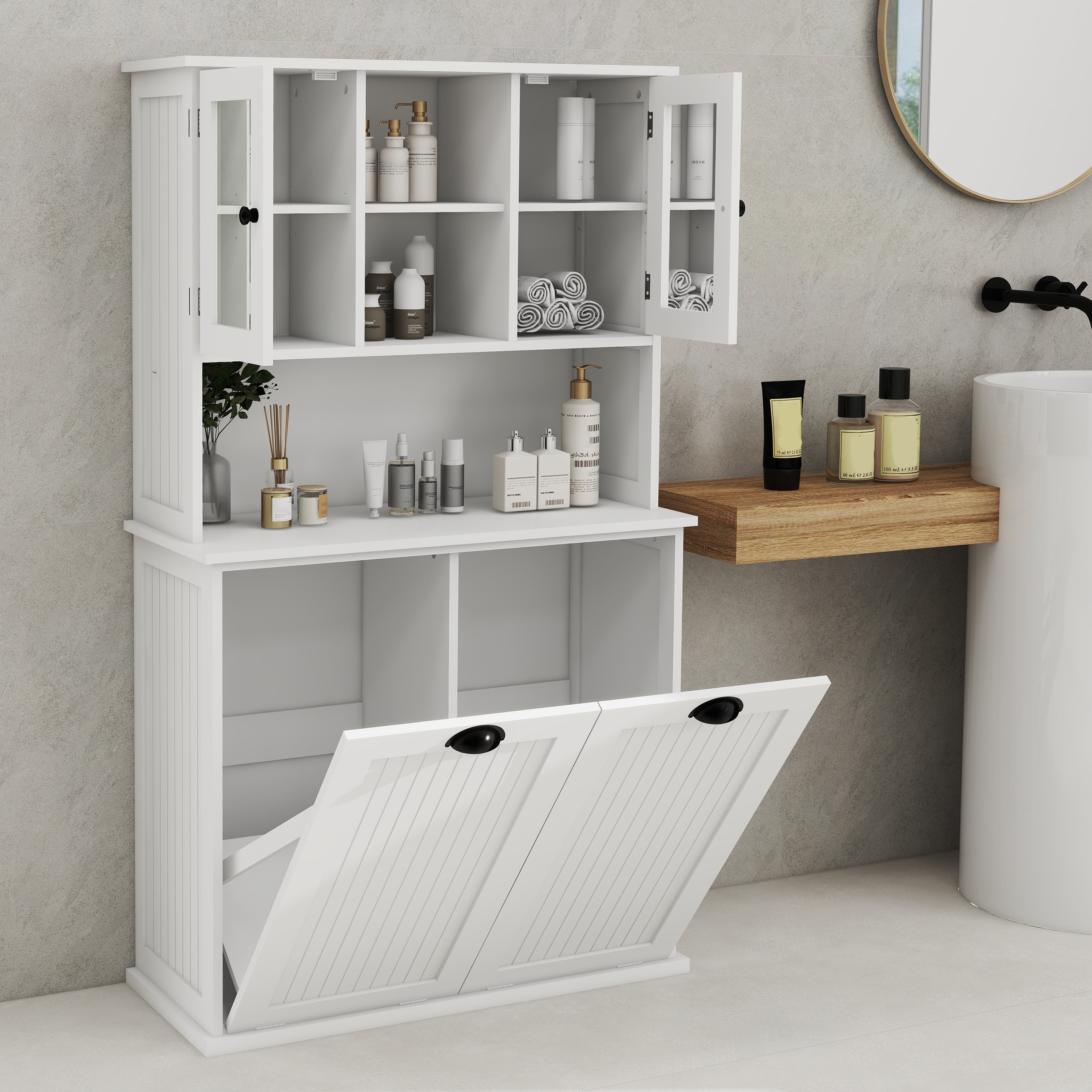 Mintazer Laundry Hamper Cabinet with 2 Compartment Tilt-Out Removable Laundry Baskets and Adjustable Shelves for Bathroom Laundry Room,White