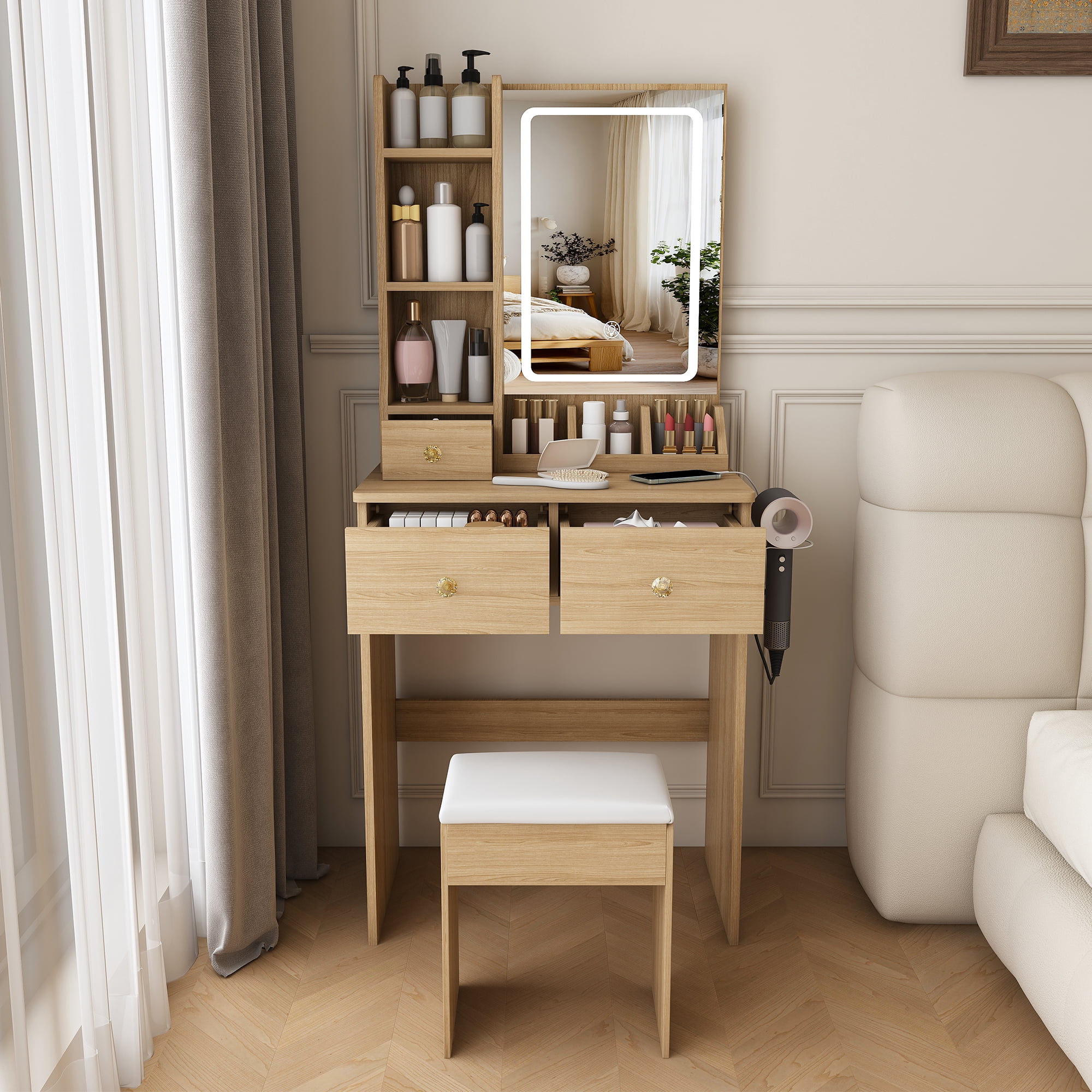 Mintazer Makeup Vanity Table with LED Lighted Mirror, Charging Station & Hair Dryer Holder, Dressing Table with Padded Stool & 5 Drawers Open Storage Shelves for Bedroom, Natural