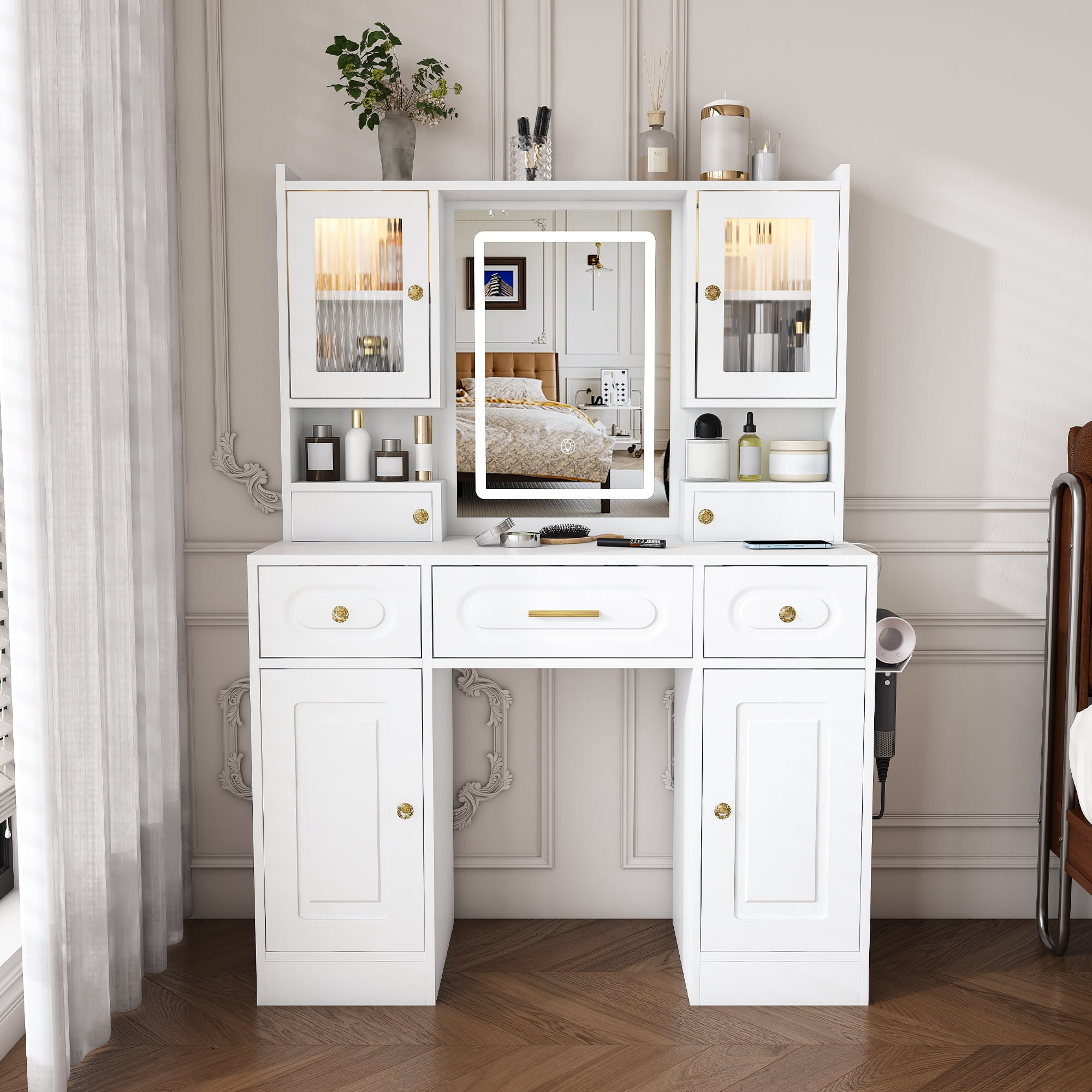 Mintazer Makeup Vanity Table with LED Lighted Mirror & Hair Dryer Holder, Large Dressing Table with 3 Drawers & 6 Cabinets and Power Outlet for Bedroom Apartments, White