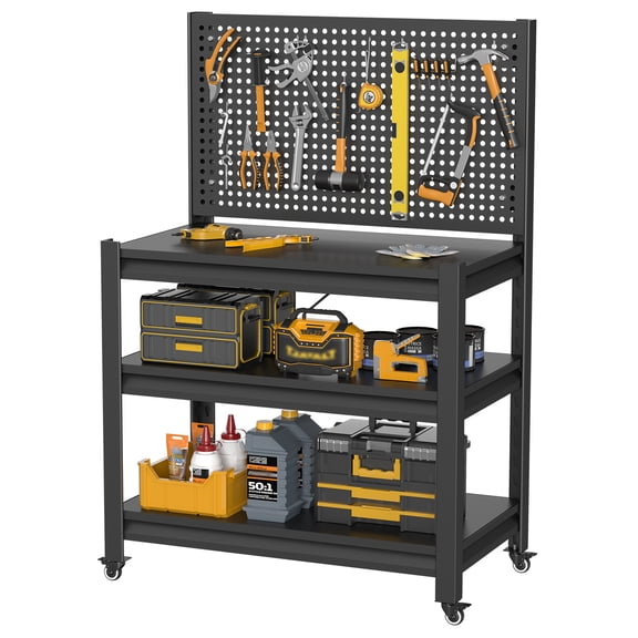 Mintazer Metal Storage Shelves with Pegboard and Wheels, 34"W Heavy Duty Garage Storage Rack with Adjustable Shelves for Home Office Kitchen Warehouse Factory, Black