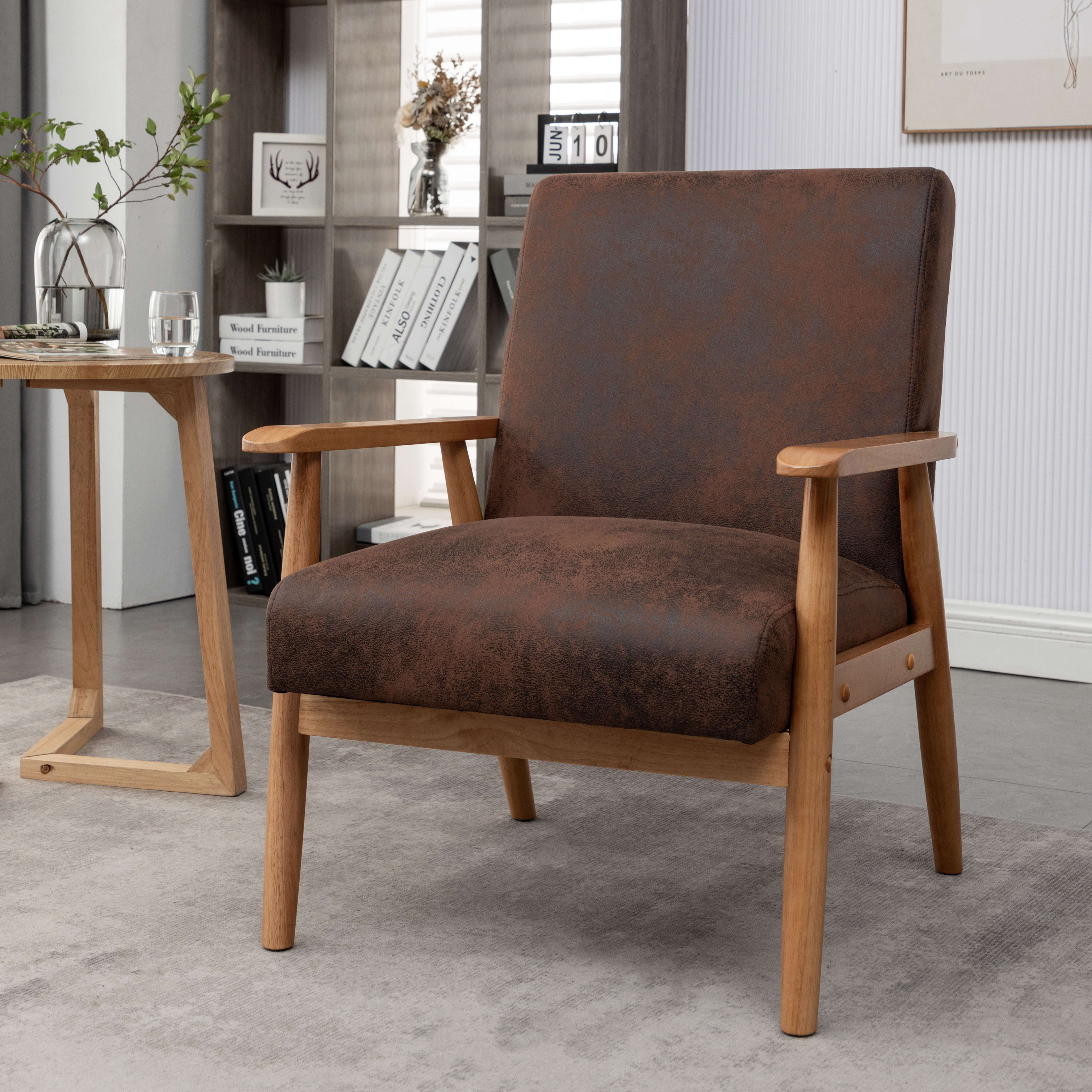 Mintazer Mid-Century Modern Leather-Look Accent Chair, Armchair for Living Room Bedroom, Brown