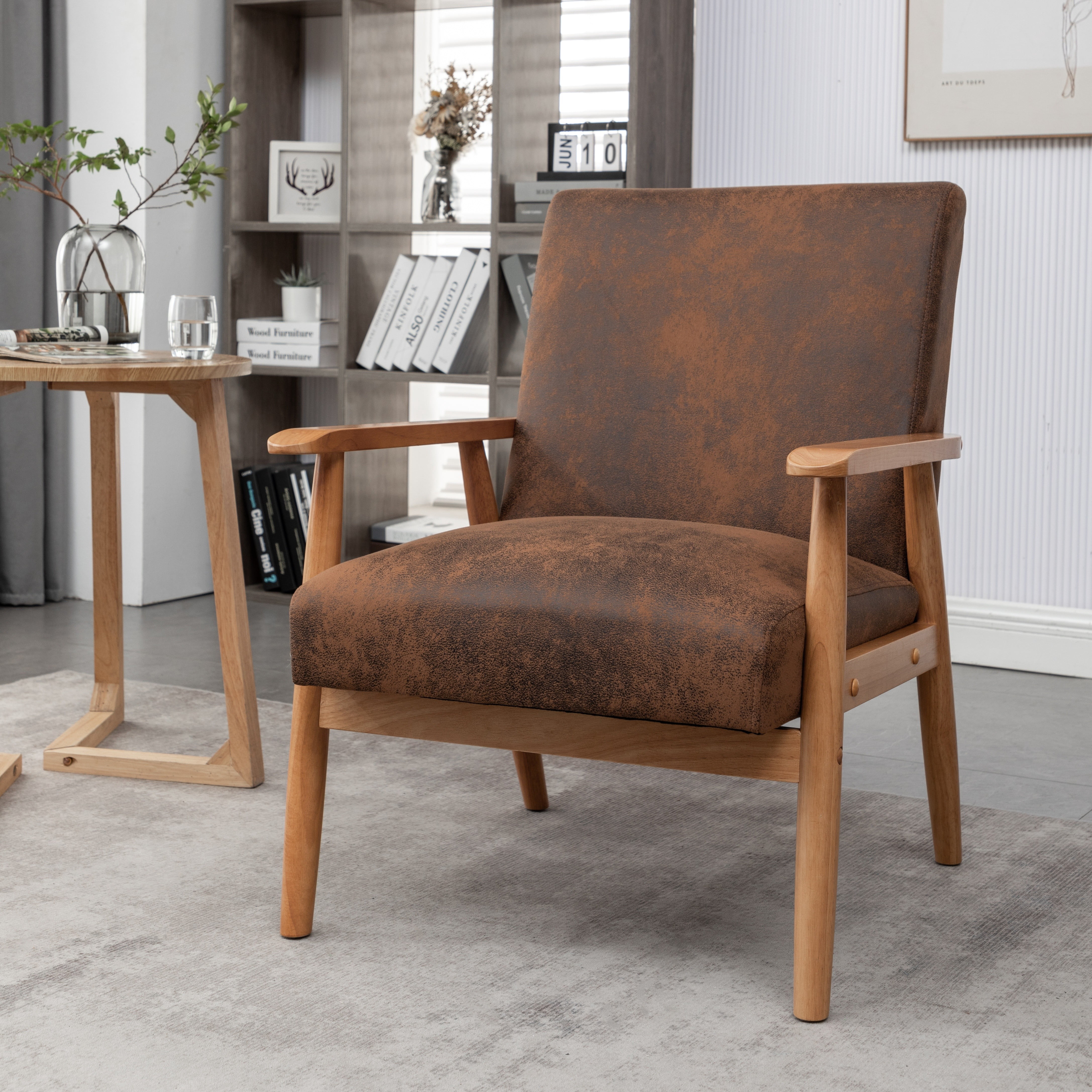 Mintazer Mid-Century Modern Leather-Look Accent Chair, Armchair for Living Room Bedroom, Light Brown