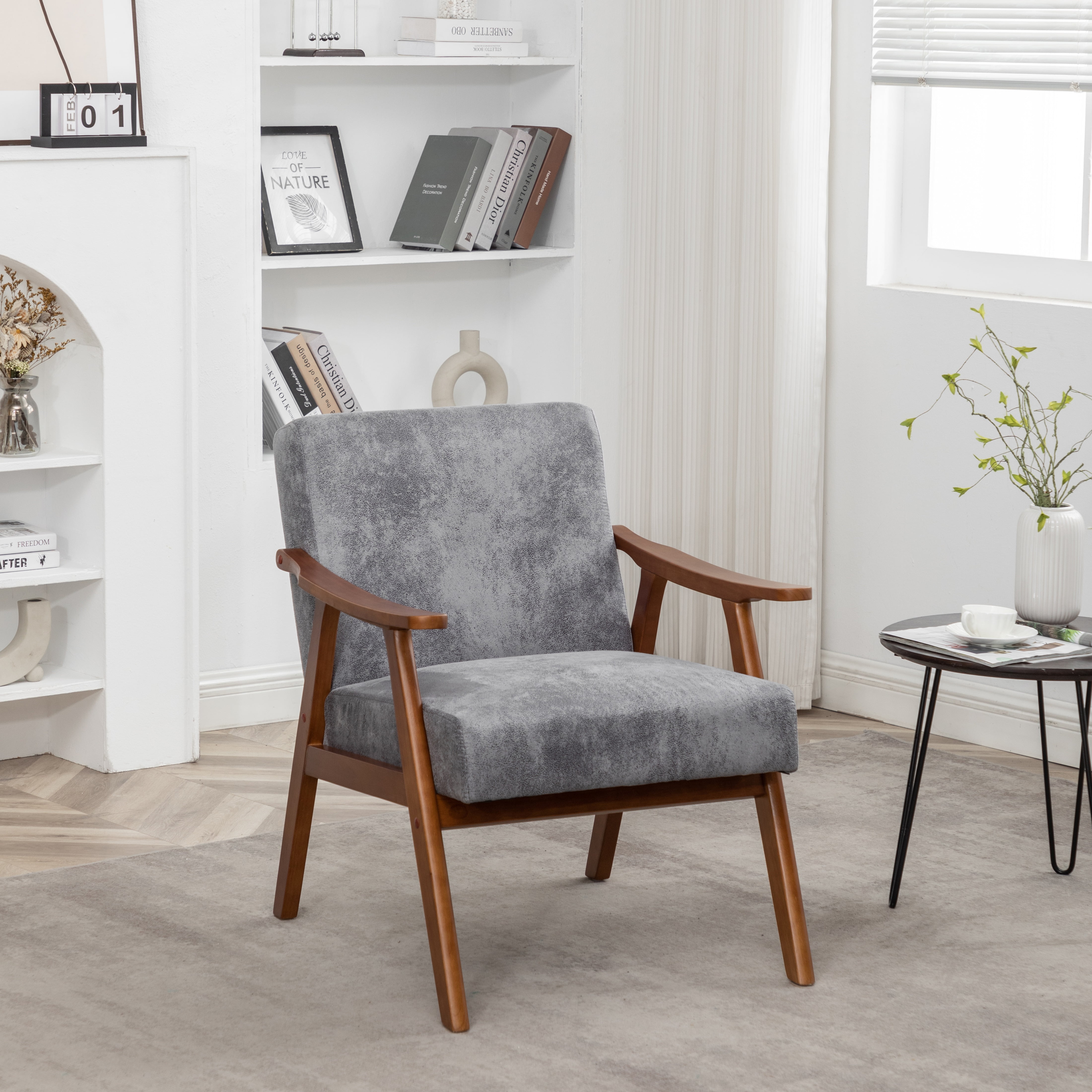 Mintazer Mid-Century Modern Microfiber Leather Accent Chair, Armchair for Living Room Bedroom, Grey