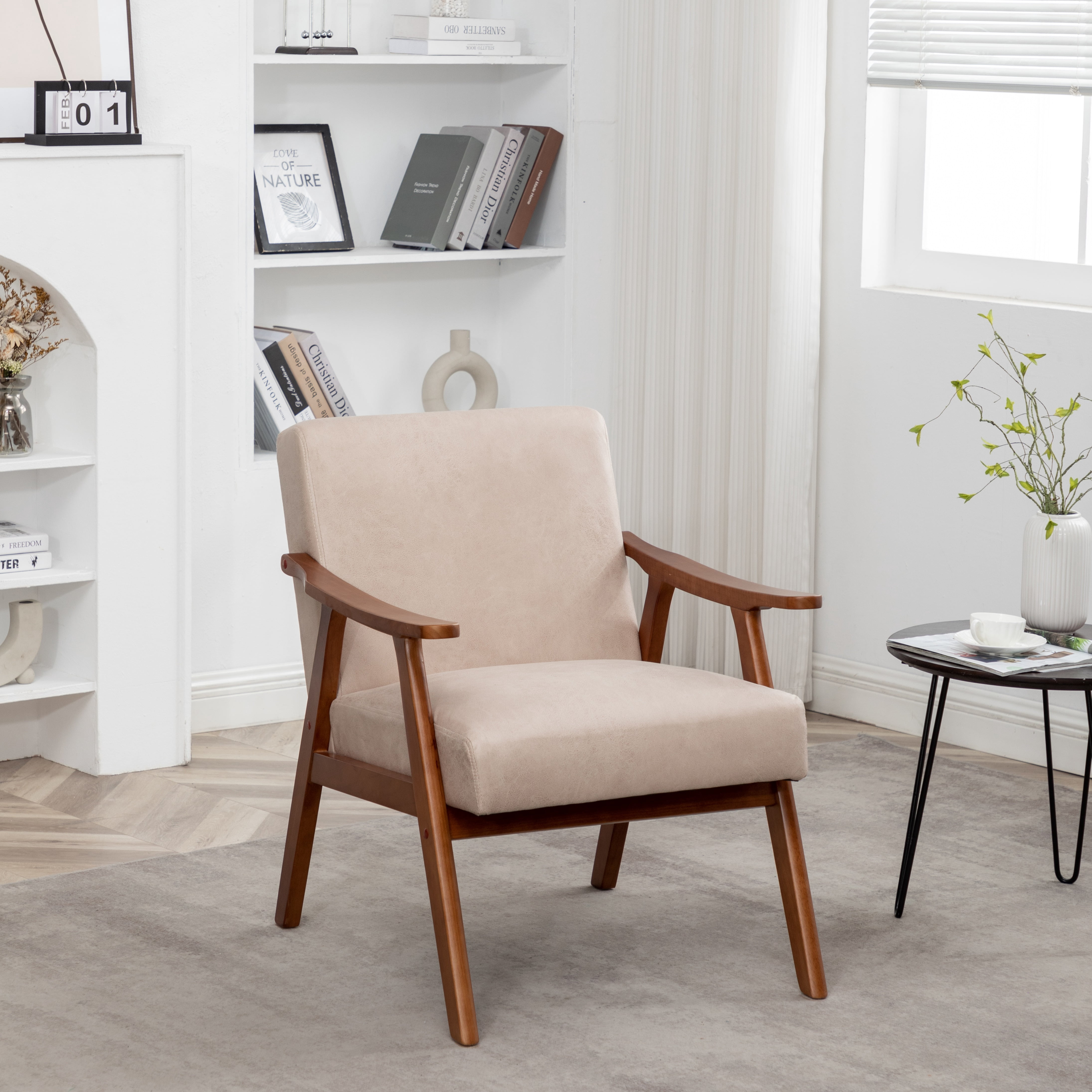 Mintazer Mid-Century Modern Microfiber Leather Accent Chair, Armchair for Living Room Bedroom, Light Camel