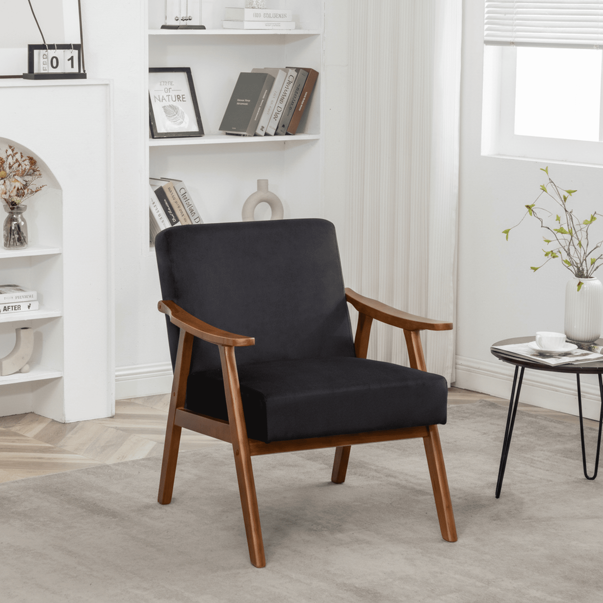Mintazer Mid-Century Modern Velvet Leather Accent Chair, Armchair for Living Room Bedroom, Black