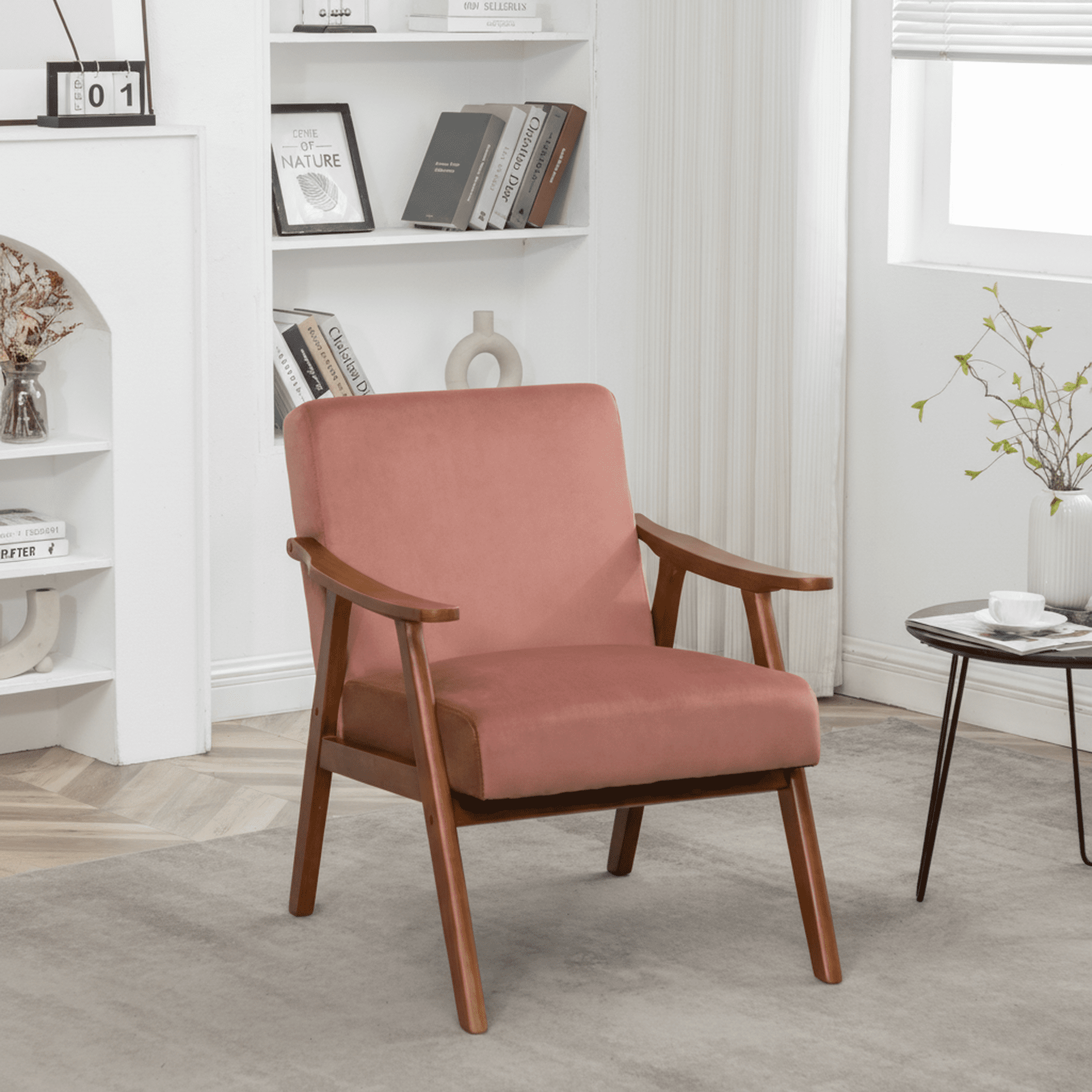 Mintazer Mid-Century Modern Velvet Leather Accent Chair, Armchair for Living Room Bedroom, Rose
