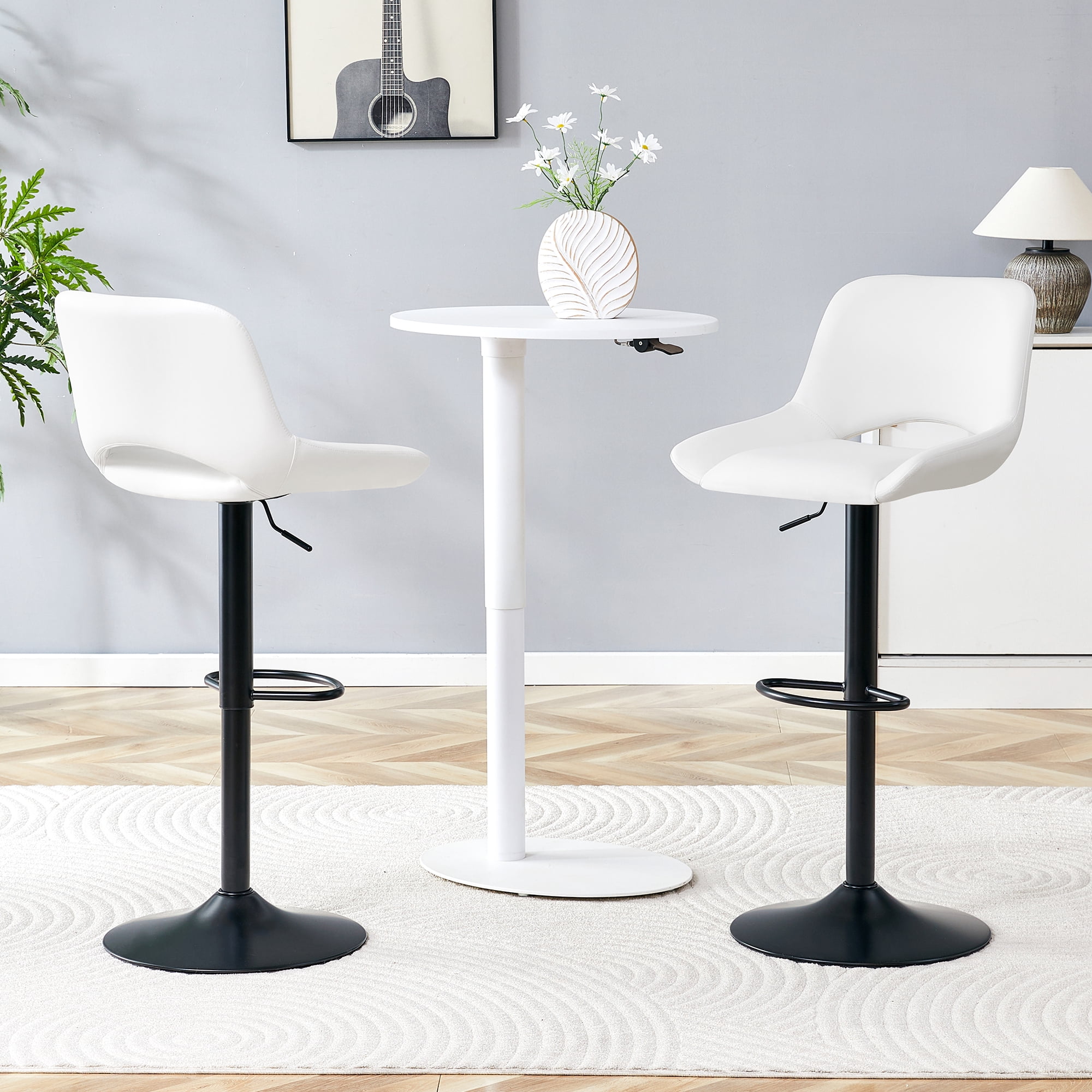 Mintazer Modern Bar Stools Set of 2, 360° Swivel PU Leather Bar Chairs with Circular Footrest & Adjustable Height, Counter Height Stools for Kitchen Island & Home Bar, White