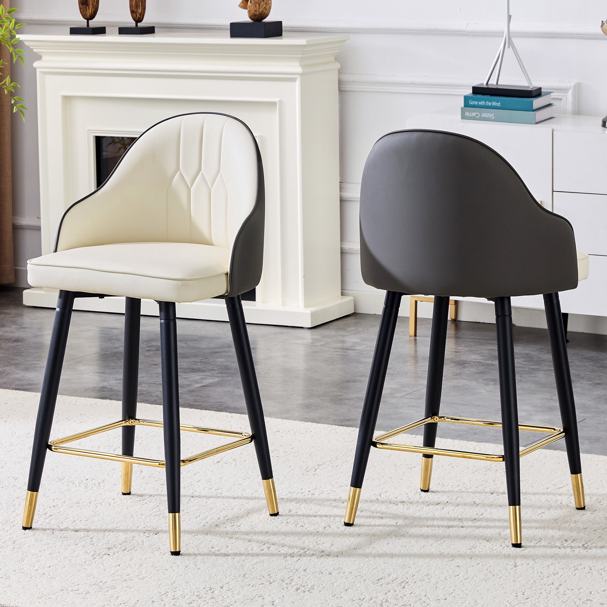 Mintazer Modern Bar Stools Set of 2, Waterproof PU Leather Bar Stool with Backrest & Gold Accent Footrest, Counter Height Bar Chairs for Kitchen Island, Black & White