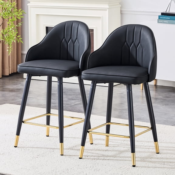 Mintazer Modern Bar Stools Set of 2, Waterproof PU Leather Bar Stool with Backrest & Gold Accent Footrest, Counter Height Bar Chairs for Kitchen Island, Black