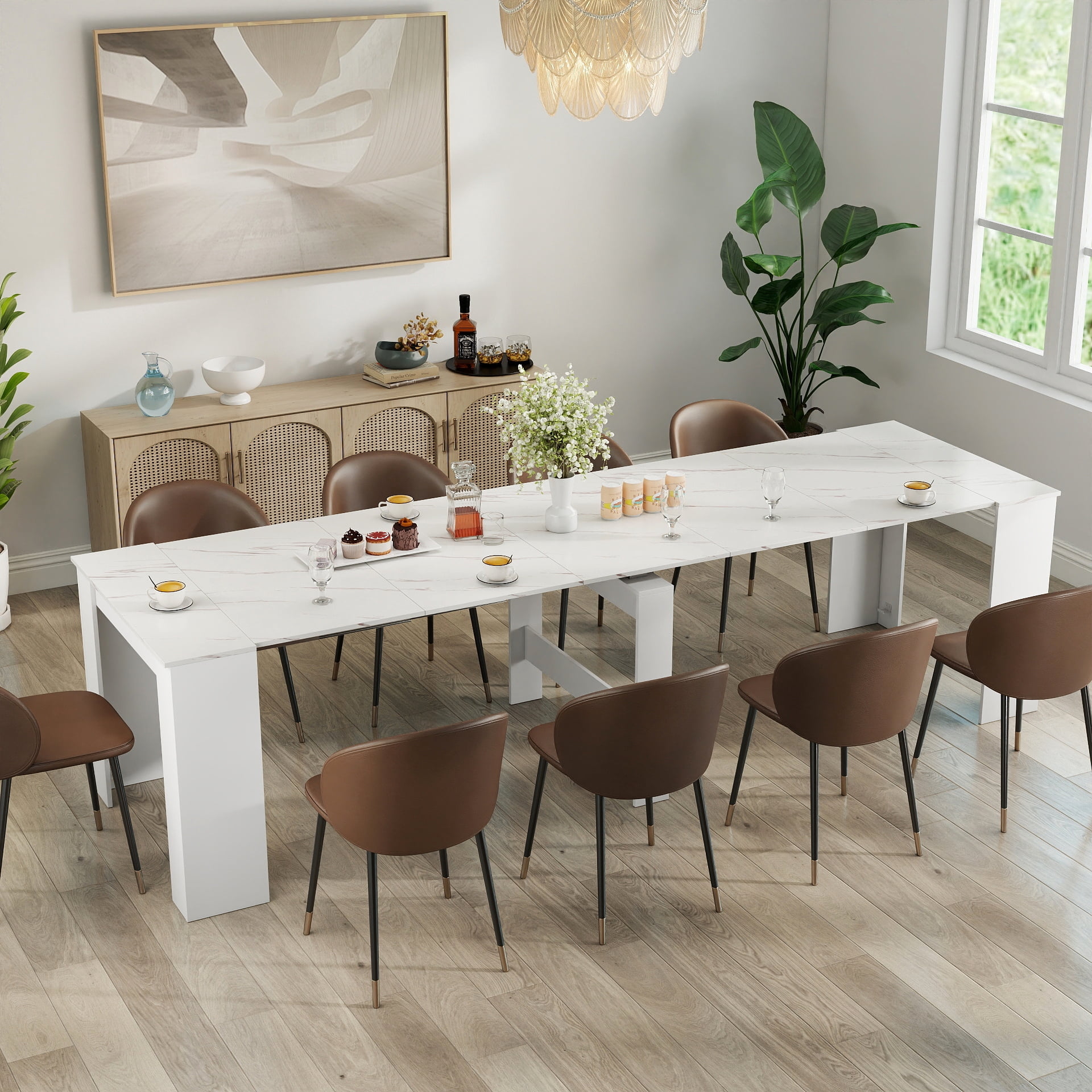 Mintazer Modern Extendable Dining Table, Convertible Console Table to Large Dinner Table for Dining Room Living Room, White