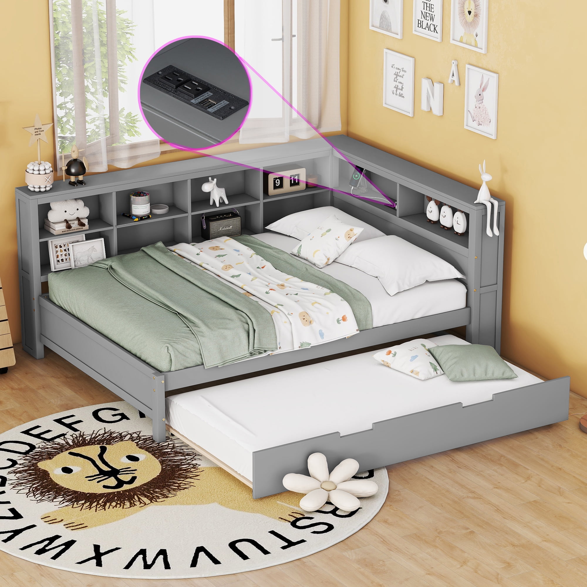 Mintazer Modern Full Daybed Frame with Twin Trundle, Charging Station & Shelves for Bedroom, Grey