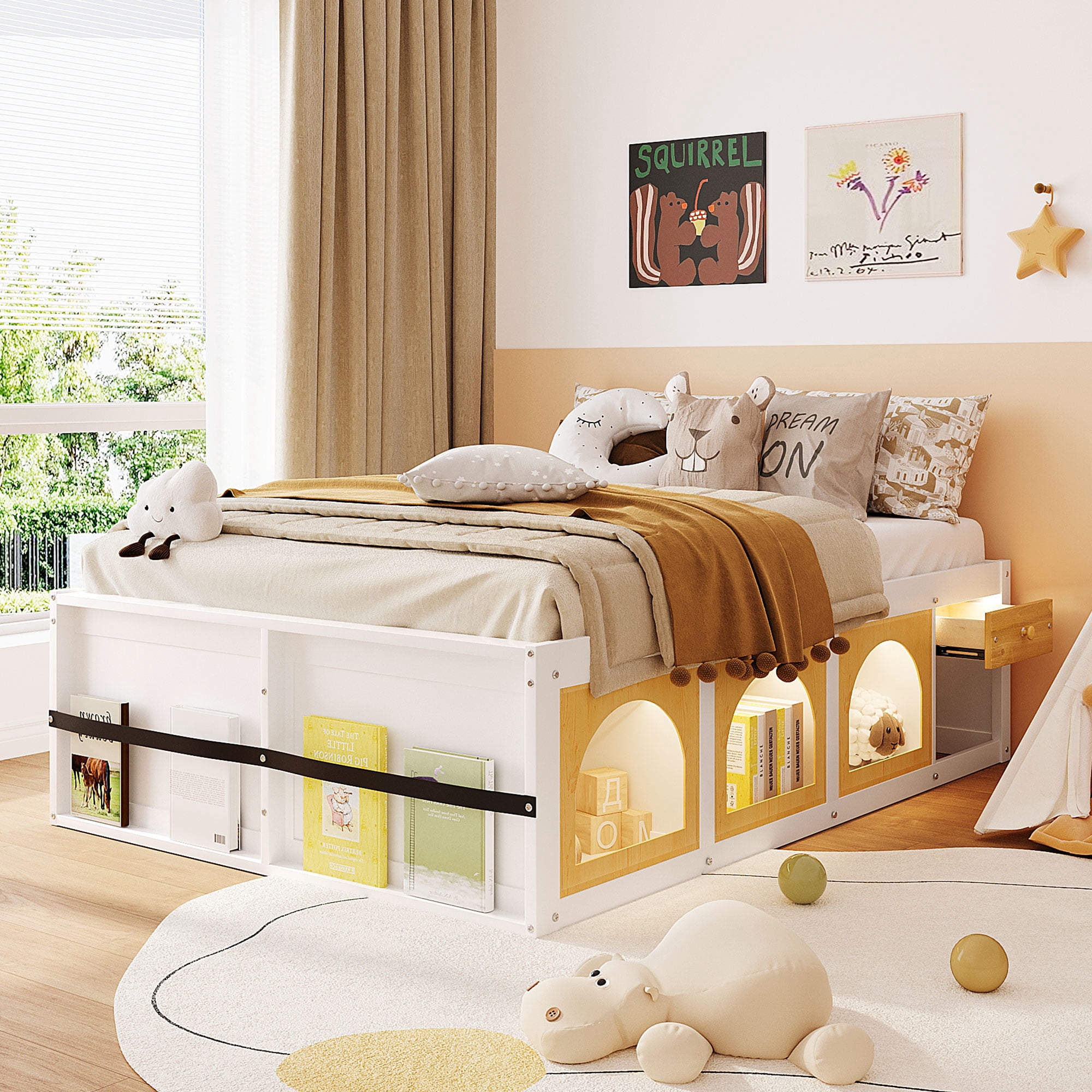 Mintazer Modern Full Size Bed with Bookshelf and 3 Open Cubbies & Drawer, Platform Bed Frame with LED Light for Kids Bedroom, Natural & White