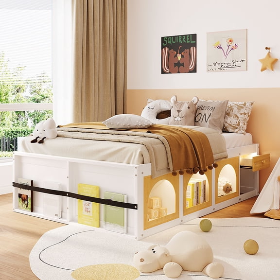 Mintazer Modern Full Size Bed with Bookshelf and 3 Open Cubbies & Drawer, Platform Bed Frame with LED Light for Kids Bedroom, Natural & White
