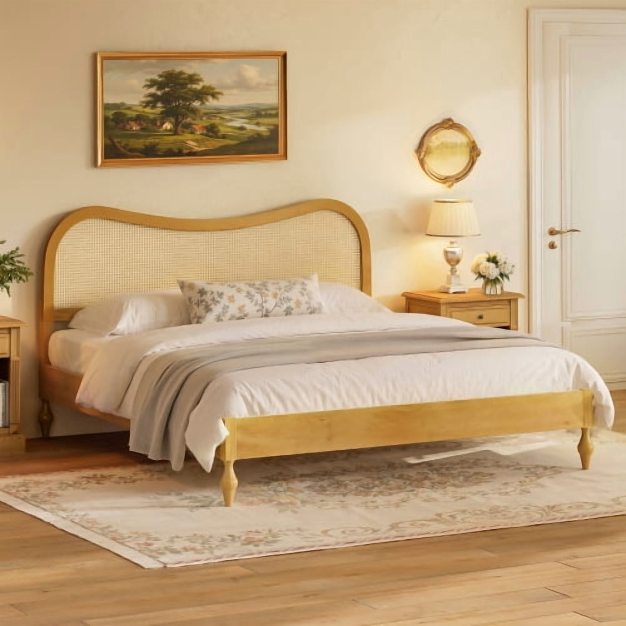 Mintazer Modern King Platform Bed with Wave Rattan Cane Headboard, Mid-Century Boho Bed Frame with Turned Legs for Bedroom, No Box Spring Needed, Natural