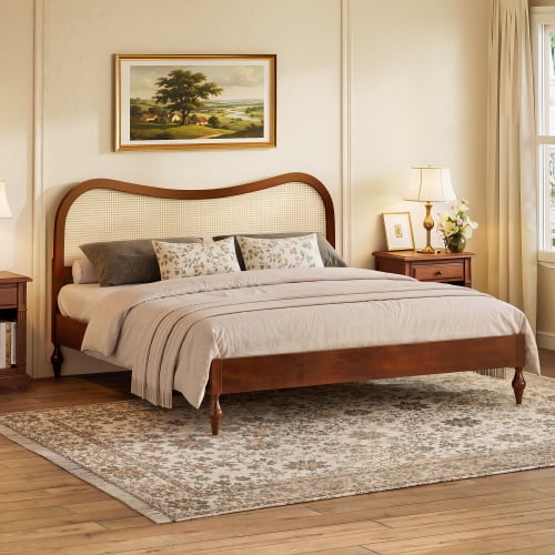 Mintazer Modern King Platform Bed with Wave Rattan Cane Headboard, Mid-Century Boho Bed Frame with Turned Legs for Bedroom, No Box Spring Needed, Walnut