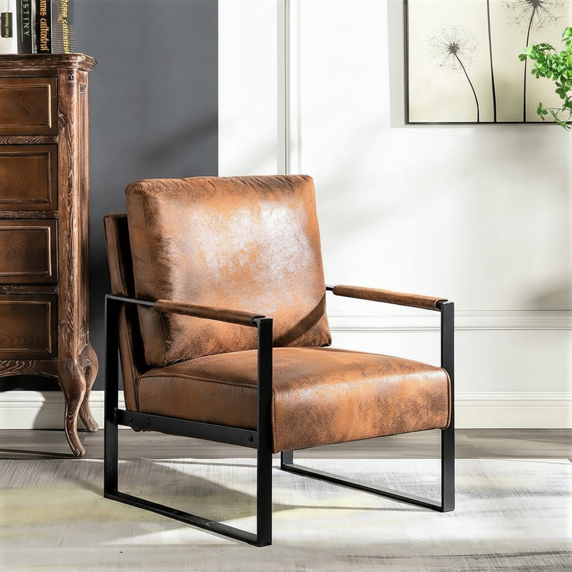 Mintazer Modern Microfiber Accent Chair, Square Metal Frame Lounge Armchair for Living Room Bedroom Office, Yellow Brown