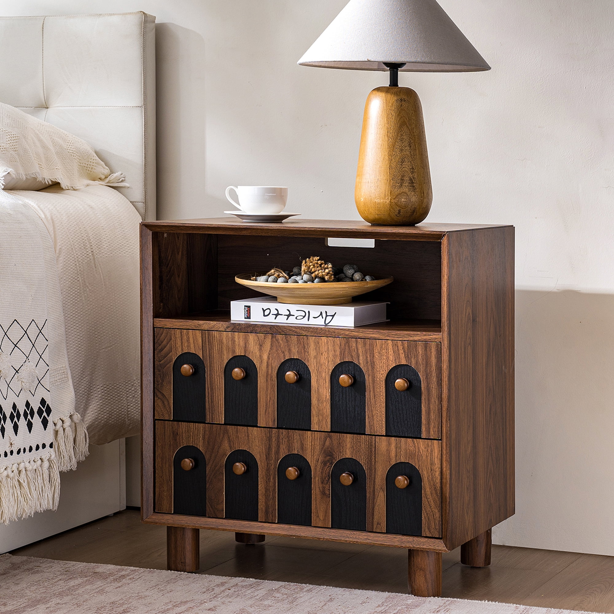 Mintazer Modern Nightstand with Charging Station, Bedside Table with 2 Mirrored Drawer, End Table for Bedroom Living Room, Walnut