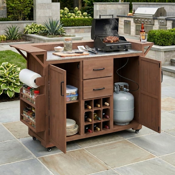 Mintazer Modern Outdoor Kitchen Island with Wheels, Rolling Kitchen Island with Stainless Steel Top & Wine Rack, Patio BBQ Kitchen Cart with Spice Rack & 2 Drawers, Brown