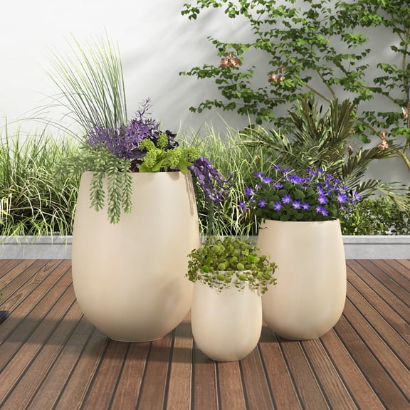 Mintazer Modern Planter Set of 3, 15.6"/10.74"/7.3" Round Stackable Flower Pots with Drainage Holes, Decorative Plant Pots for Indoor & Outdoor, Beige