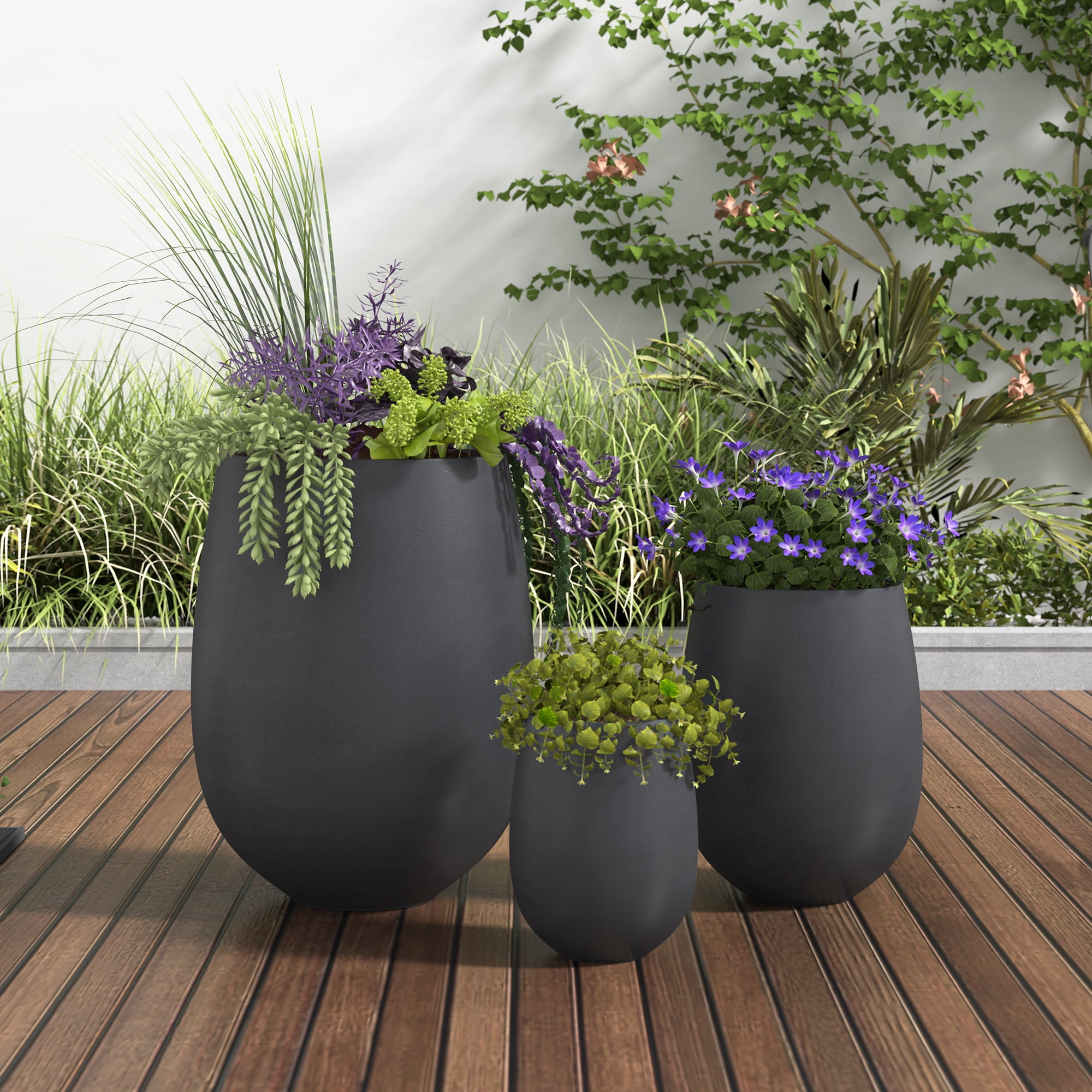 Mintazer Modern Planter Set of 3, 15.6"/10.74"/7.3" Round Stackable Flower Pots with Drainage Holes, Decorative Plant Pots for Indoor & Outdoor, Black