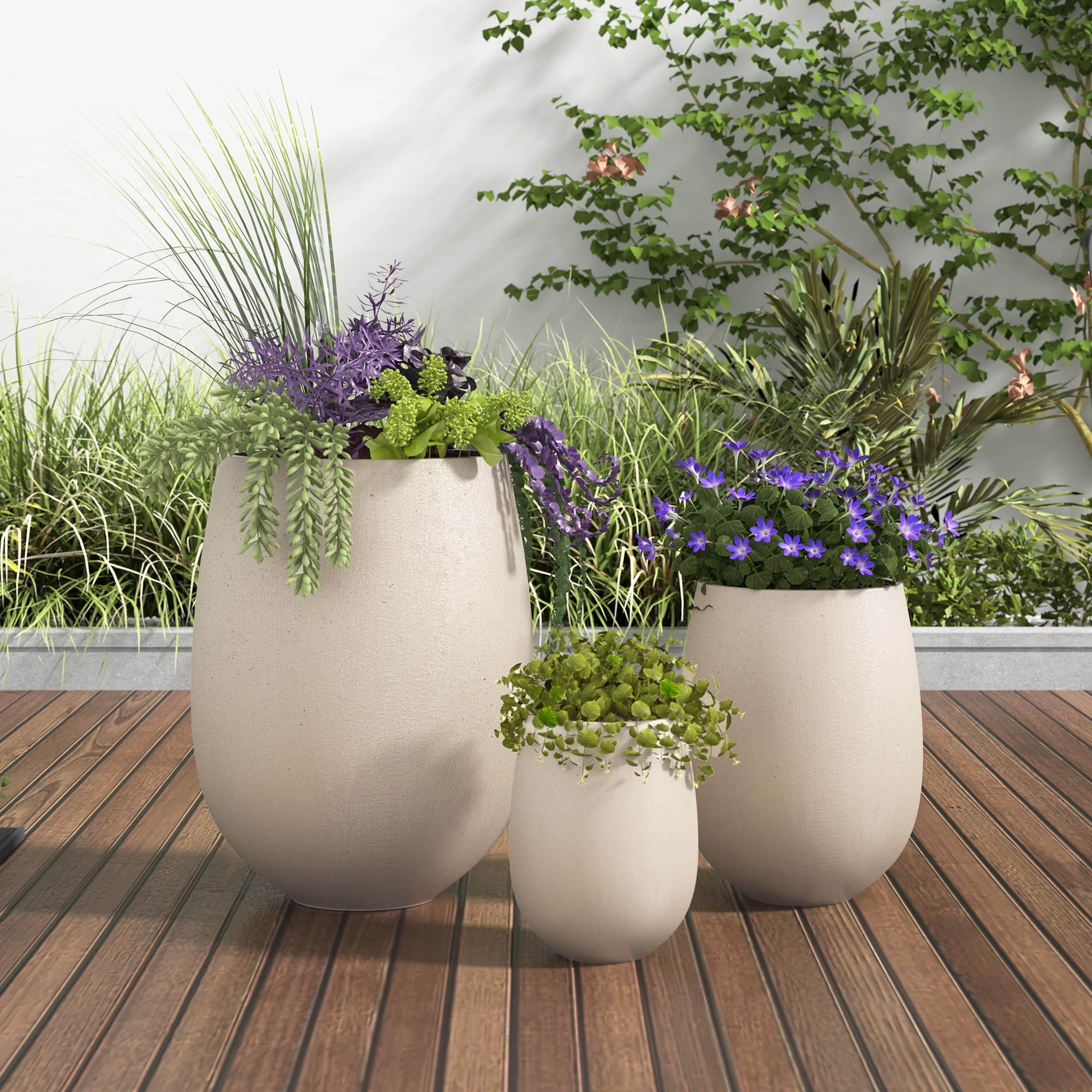 Mintazer Modern Planter Set of 3, 15.6"/10.74"/7.3" Round Stackable Flower Pots with Drainage Holes, Decorative Plant Pots for Indoor & Outdoor, Light Beige