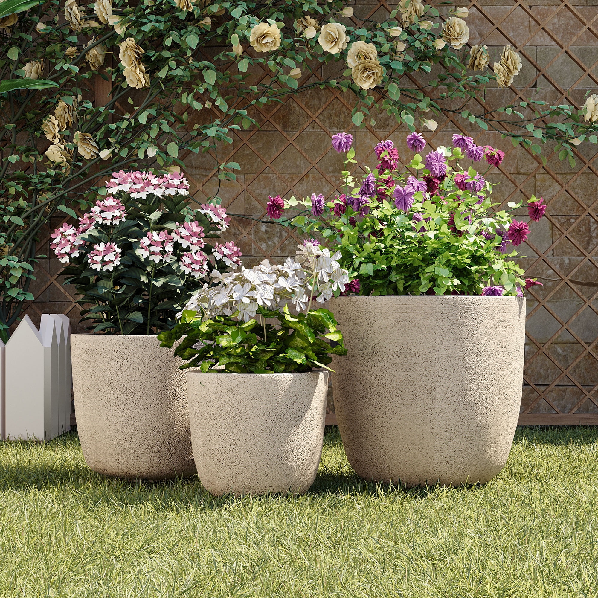 Mintazer Modern Planter Set of 3, 16.9"+13.9"+11.22" Dia Round Stackable Flower Pots with Drainage Holes and Rubber Plug, Decorative Plant Pots for Indoor & Outdoor, Beige