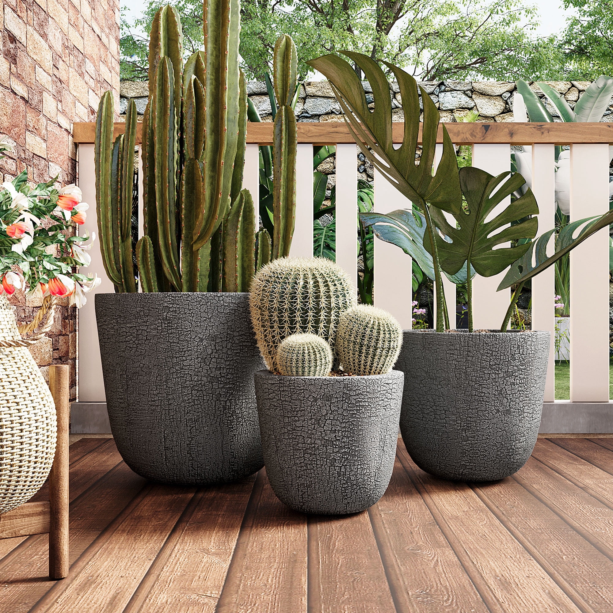 Mintazer Modern Planter Set of 3, 16.93"+13.78"+11.02" Round Stackable Flower Pots with Drainage Holes and Rubber Plug, Crackle Stone Texture Decorative Plant Pots for Indoor & Outdoor, Gray