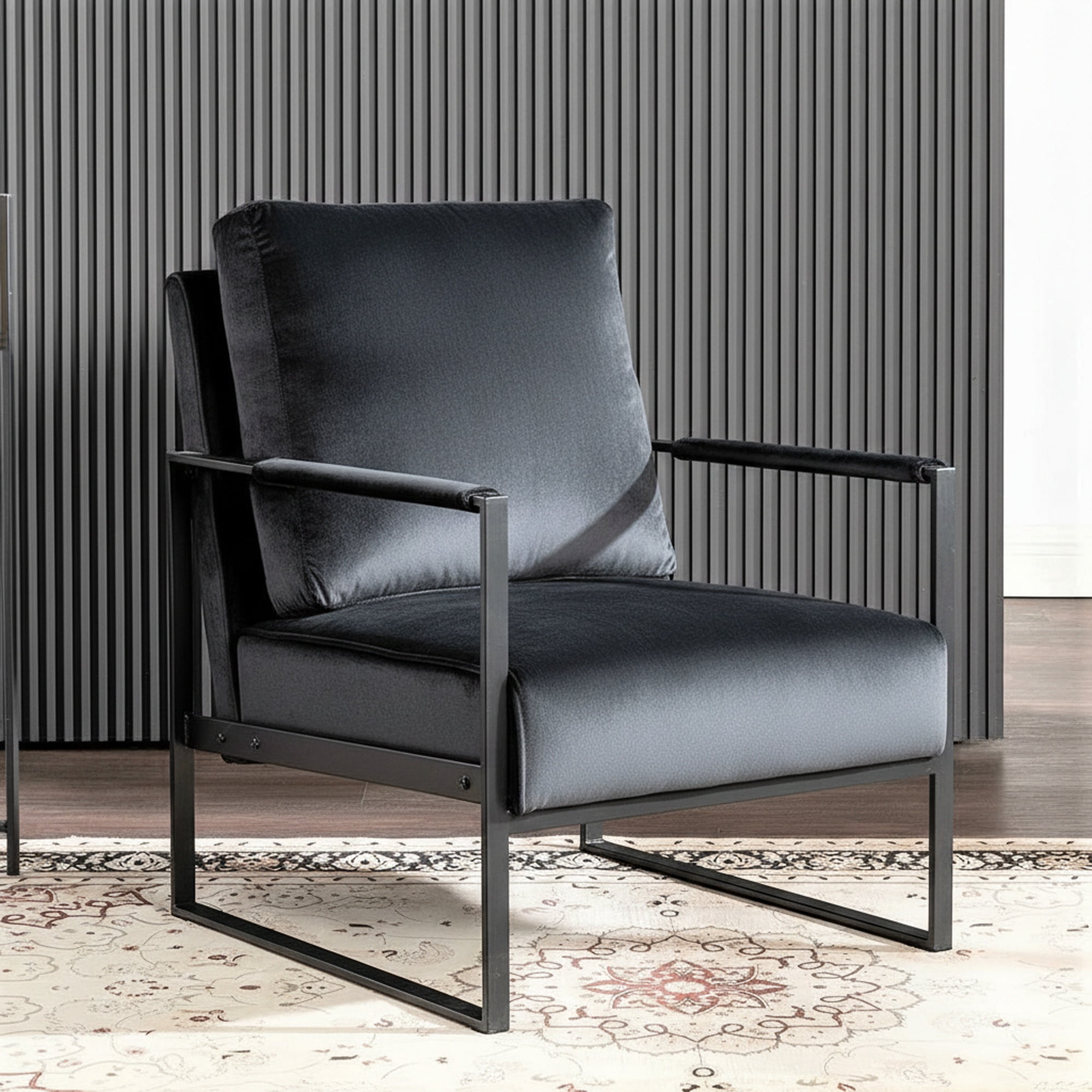 Mintazer Modern Plush Velvet Accent Chair, Square Metal Frame Lounge Armchair for Living Room Bedroom Office, Black