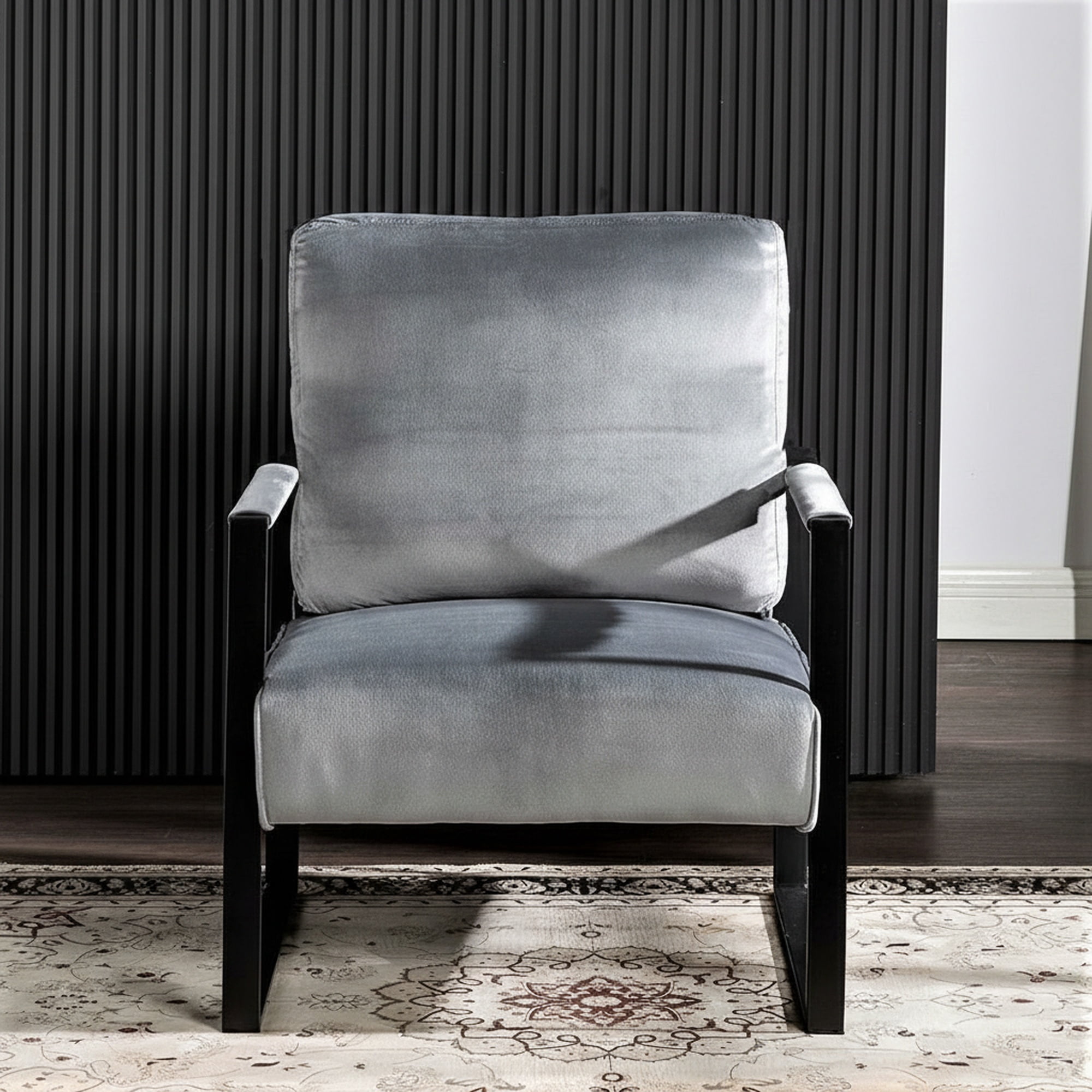 Mintazer Modern Plush Velvet Accent Chair, Square Metal Frame Lounge Armchair for Living Room Bedroom Office, Grey