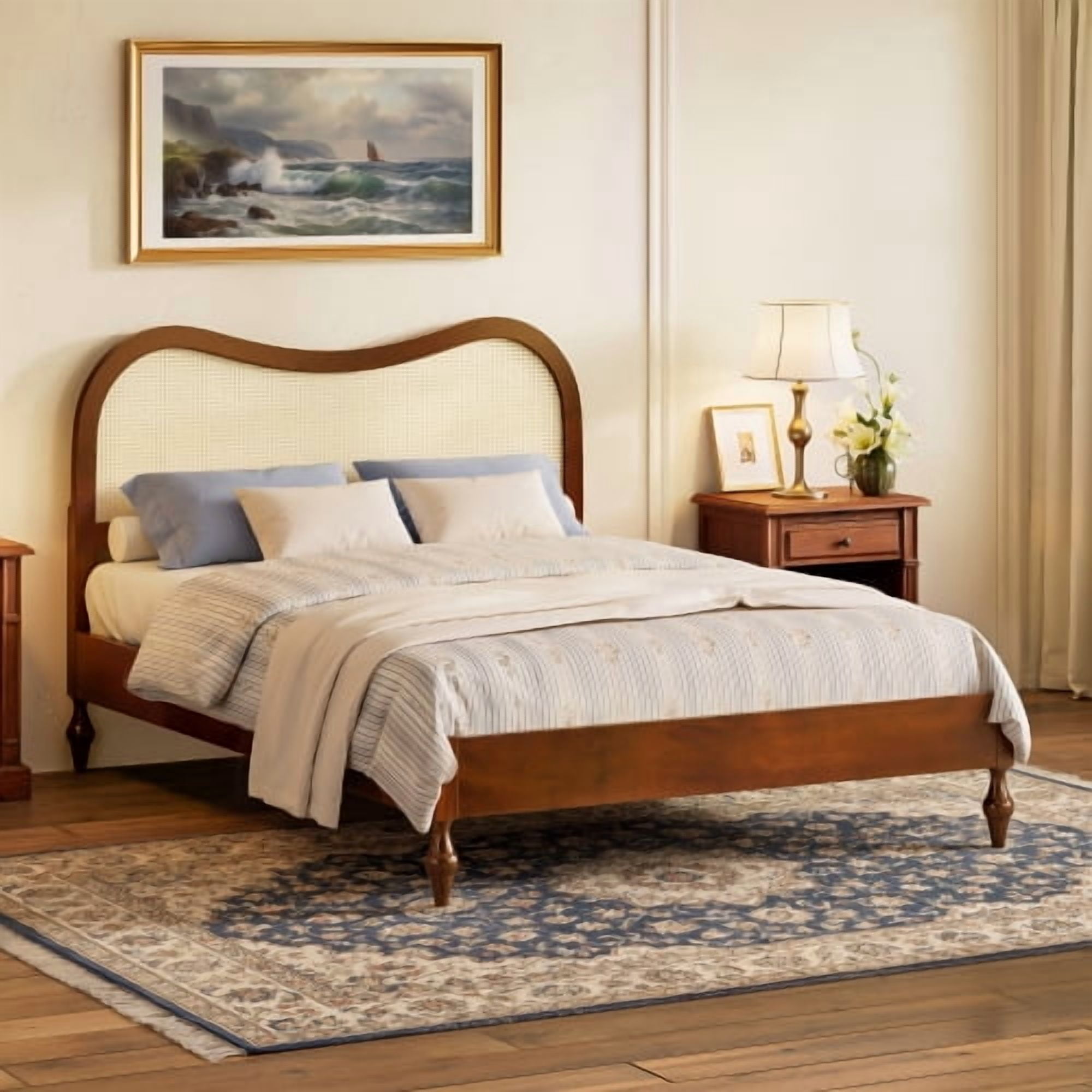Mintazer Modern Queen Platform Bed with Wave Rattan Cane Headboard, Mid-Century Boho Bed Frame with Turned Legs for Bedroom, No Box Spring Needed, Walnut