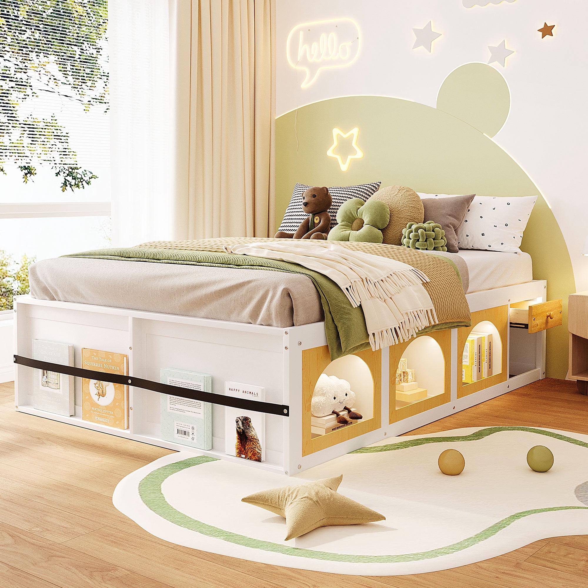 Mintazer Modern Queen Size Bed with Bookshelf and 3 Open Cubbies & Drawer, Platform Bed Frame with LED Light for Kids Bedroom, Natural & White