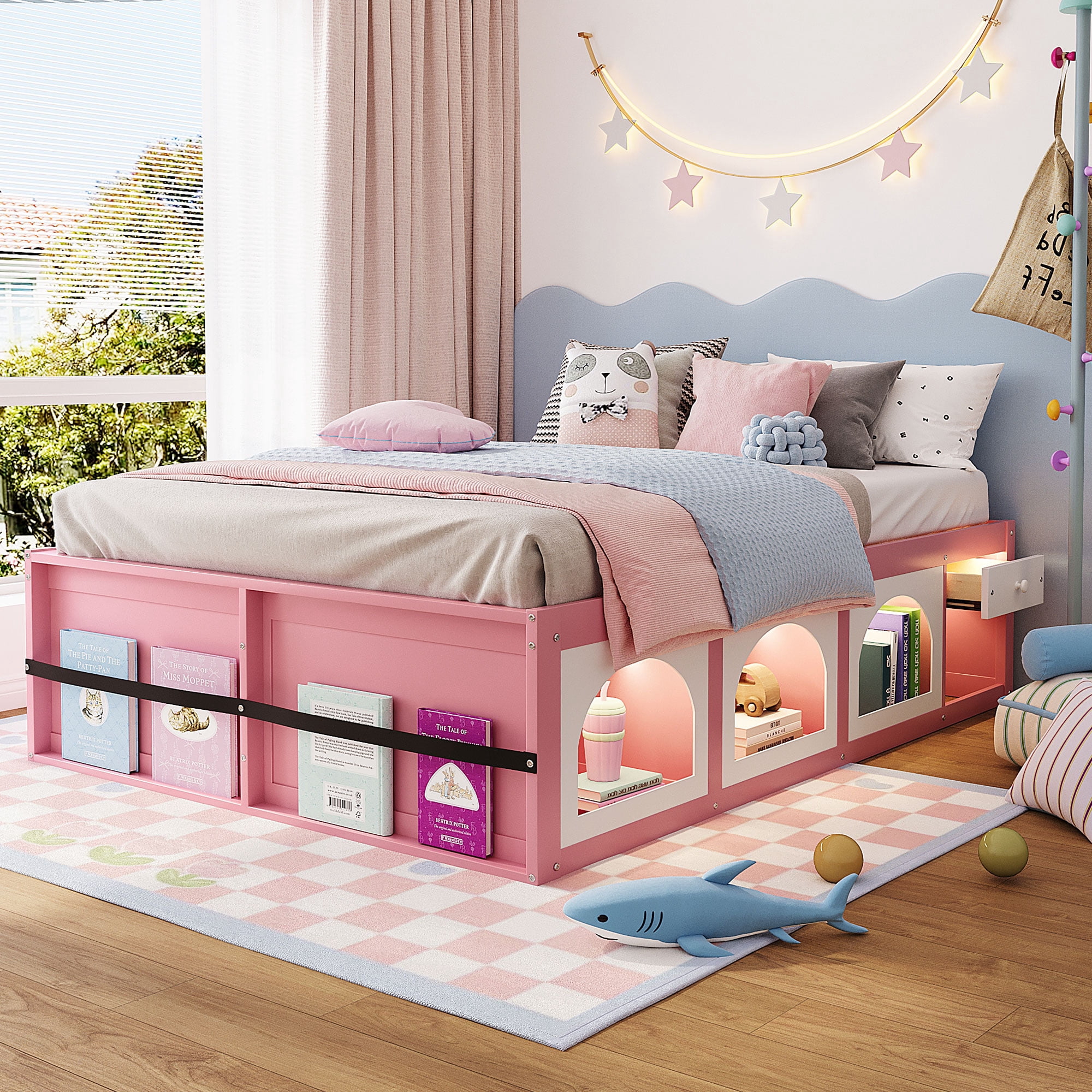 Mintazer Modern Queen Size Bed with Bookshelf and 3 Open Cubbies & Drawer, Platform Bed Frame with LED Light for Kids Bedroom, Pink & White