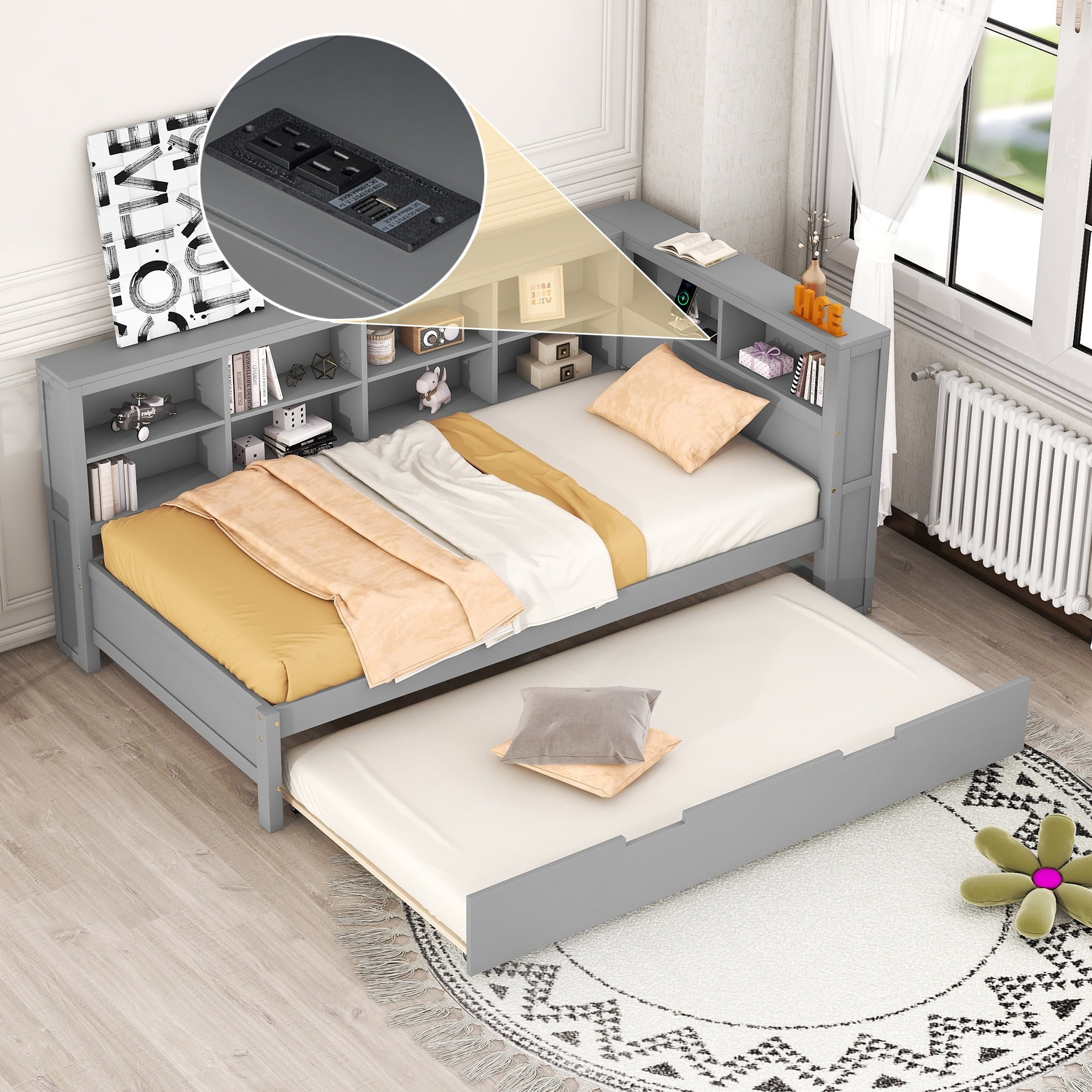 Mintazer Modern Twin Daybed Frame with Trundle, USB Charging Station & Storage Shelves for Bedroom, Grey