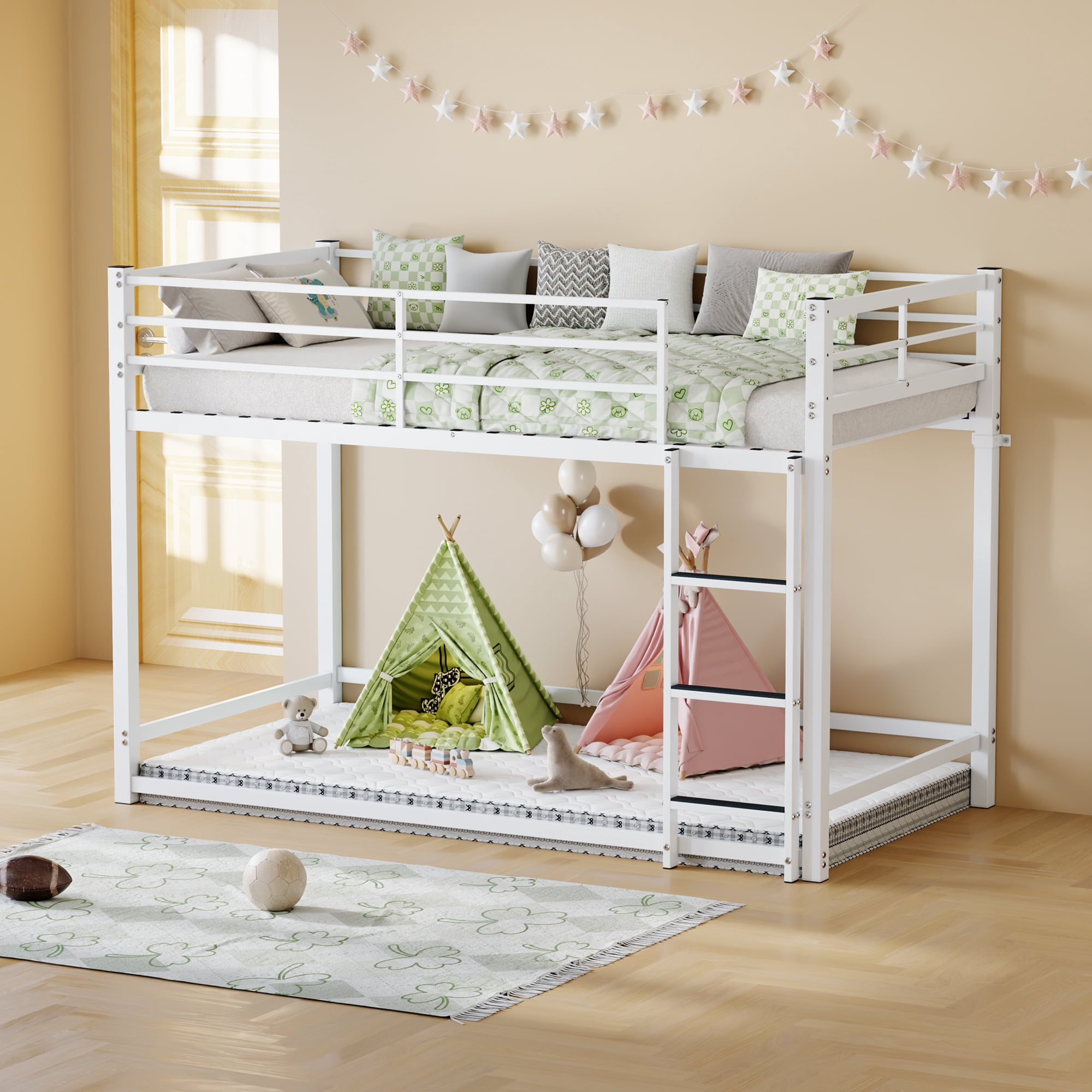 Mintazer Modern Twin Over Twin Metal Bunk Bed with Ladder and Guardrails for Bedroom Guest Room, Black