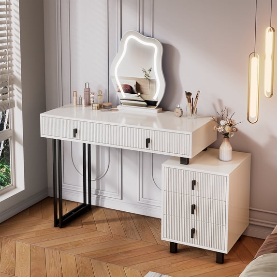 Mintazer Modern Vanity Desk with Cloud LED Mirror & Reversible Side Cabinet, Ribbed Texture Makeup Vanity Table with 5 Drawers & Gloss Top for Bedroom, White