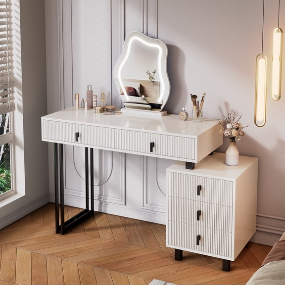 Mintazer Modern Vanity Desk with Cloud LED Mirror & Reversible Side Cabinet, Ribbed Texture Makeup Vanity Table with 5 Drawers & Gloss Top for Bedroom, White