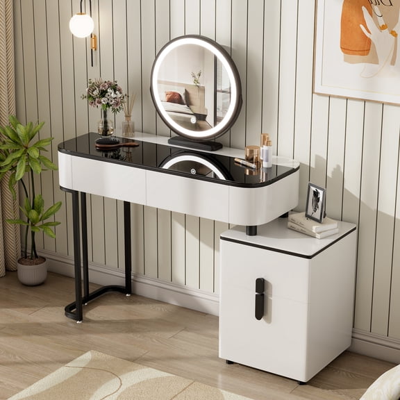 Mintazer Modern Vanity Desk with Rotating LED Mirror & Reversible Storage Cabinet, Makeup Vanity Table with Tempered Glass Top and 2 Drawers for Bedroom, White & Black