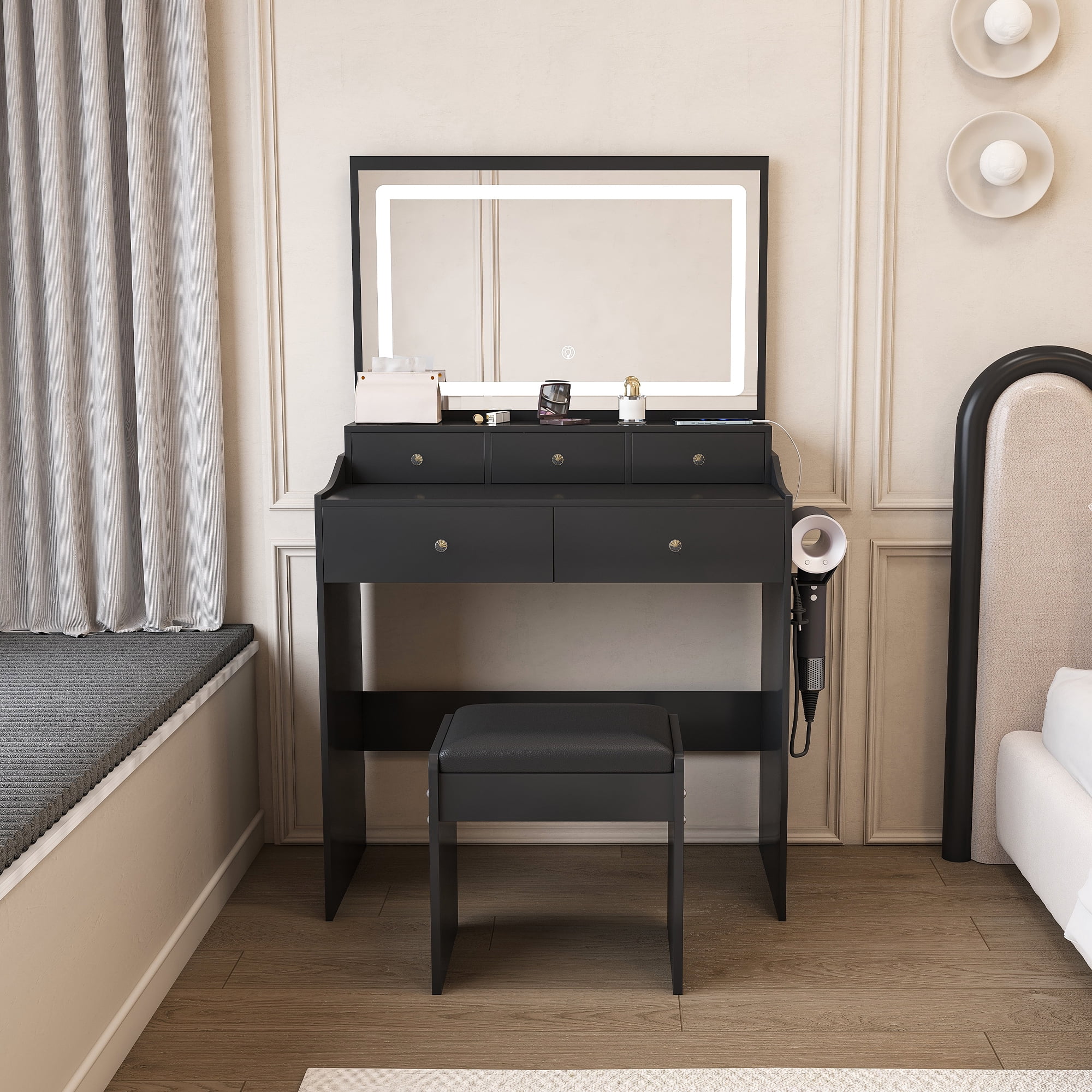 Mintazer Modern Vanity Desk Set with Adjustable LED Lights and Mirror, Makeup Vanity Set with Power Outlet & Hair Dryer Holder, 5 Drawers and Stool, Black