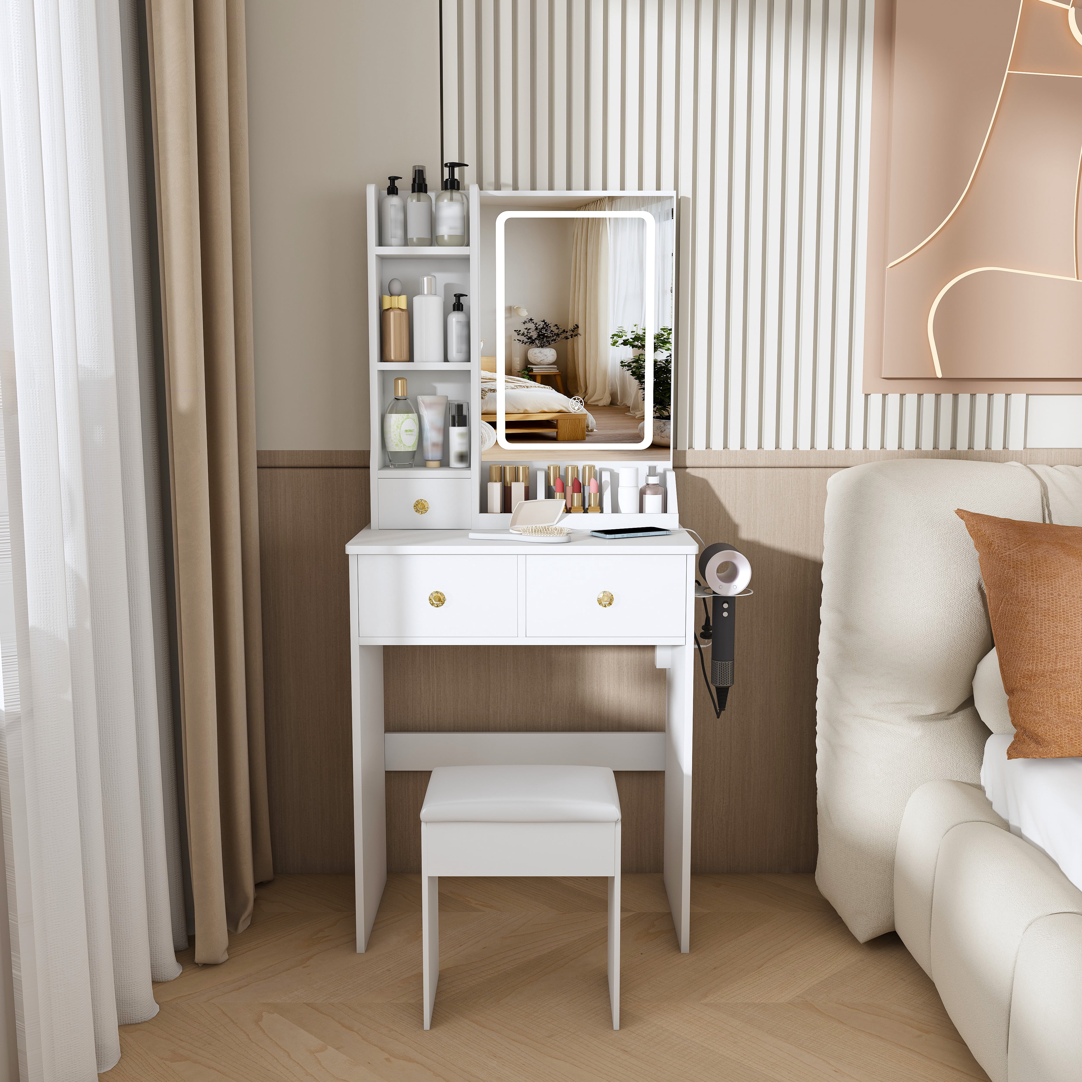 Mintazer Modern Vanity Desk Set with LED Mirror & Stool, Makeup Vanity with Power Outlet, Hair Dryer Holder, 3 Drawers & Open Shelves, White