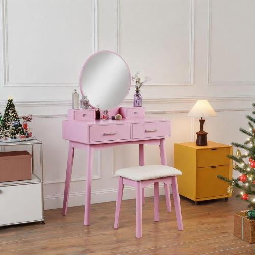 Mintazer Modern Vanity Table Set, Round Mirror Makeup Dressing Table with 4 Drawers & Upholstered Stool for Bedroom, Pink