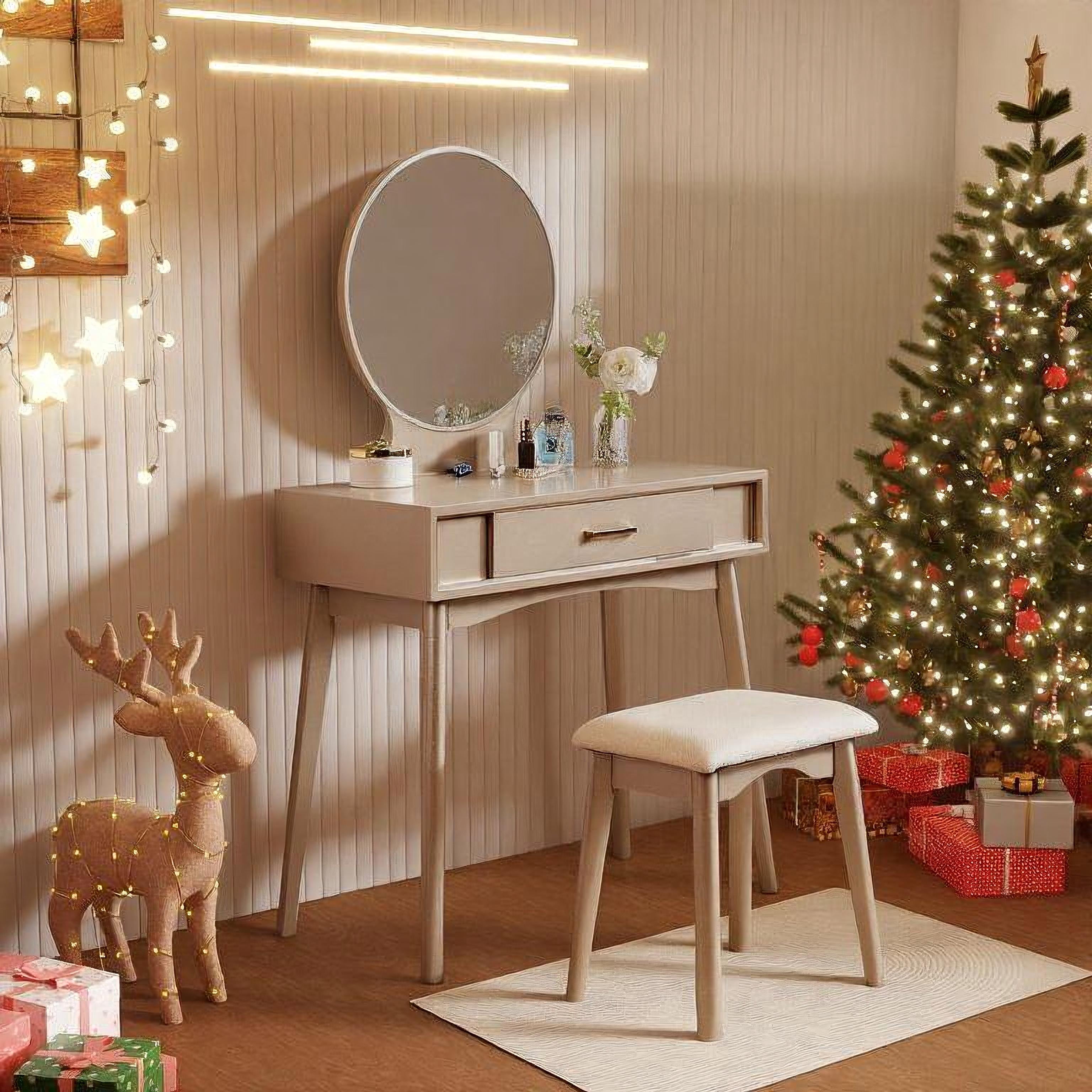 Mintazer Modern Vanity Table Set, Round Mirror Makeup Dressing Table with Drawers & Upholstered Stool for Bedroom, Gold