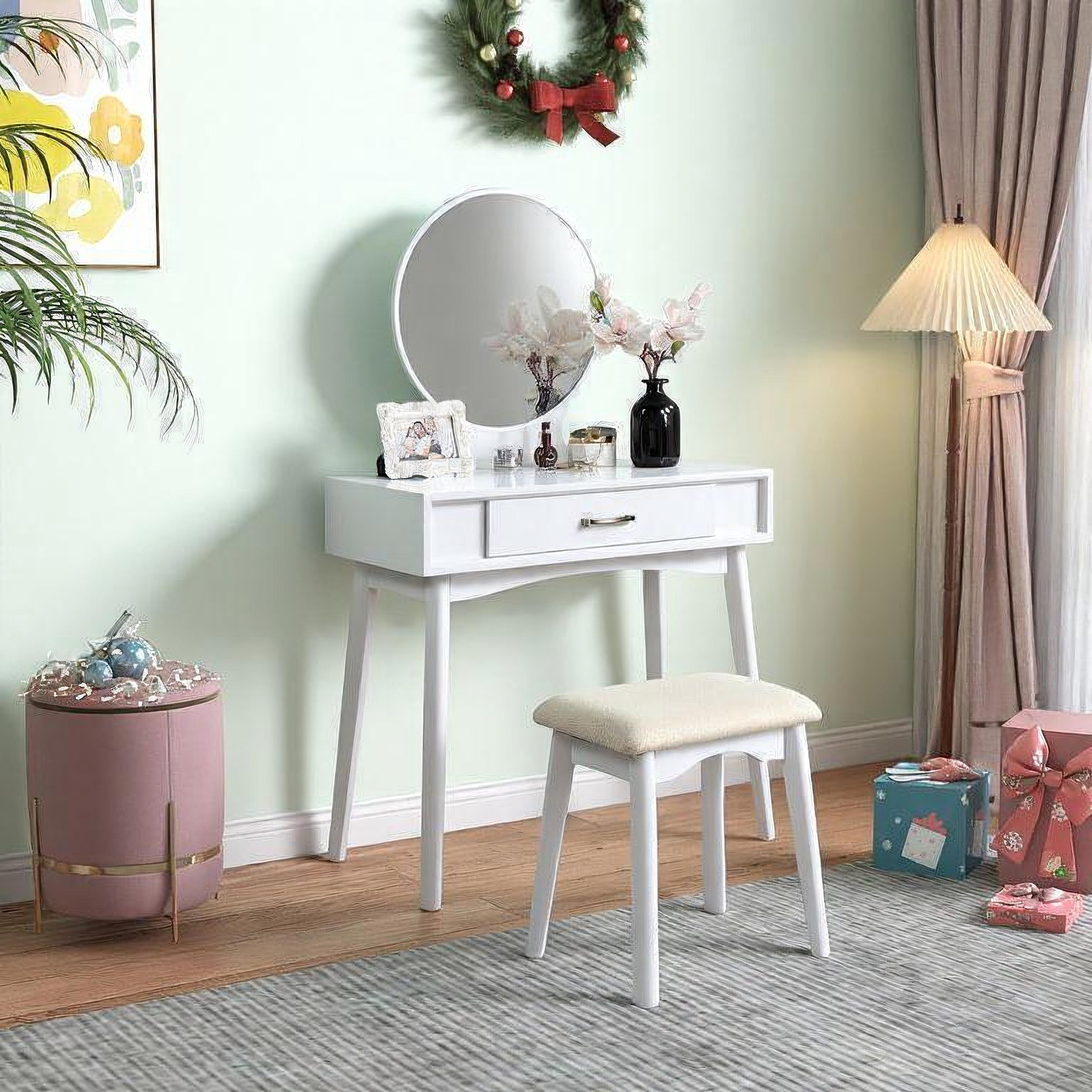 Mintazer Modern Vanity Table Set, Round Mirror Makeup Dressing Table with Drawers & Upholstered Stool for Bedroom, White